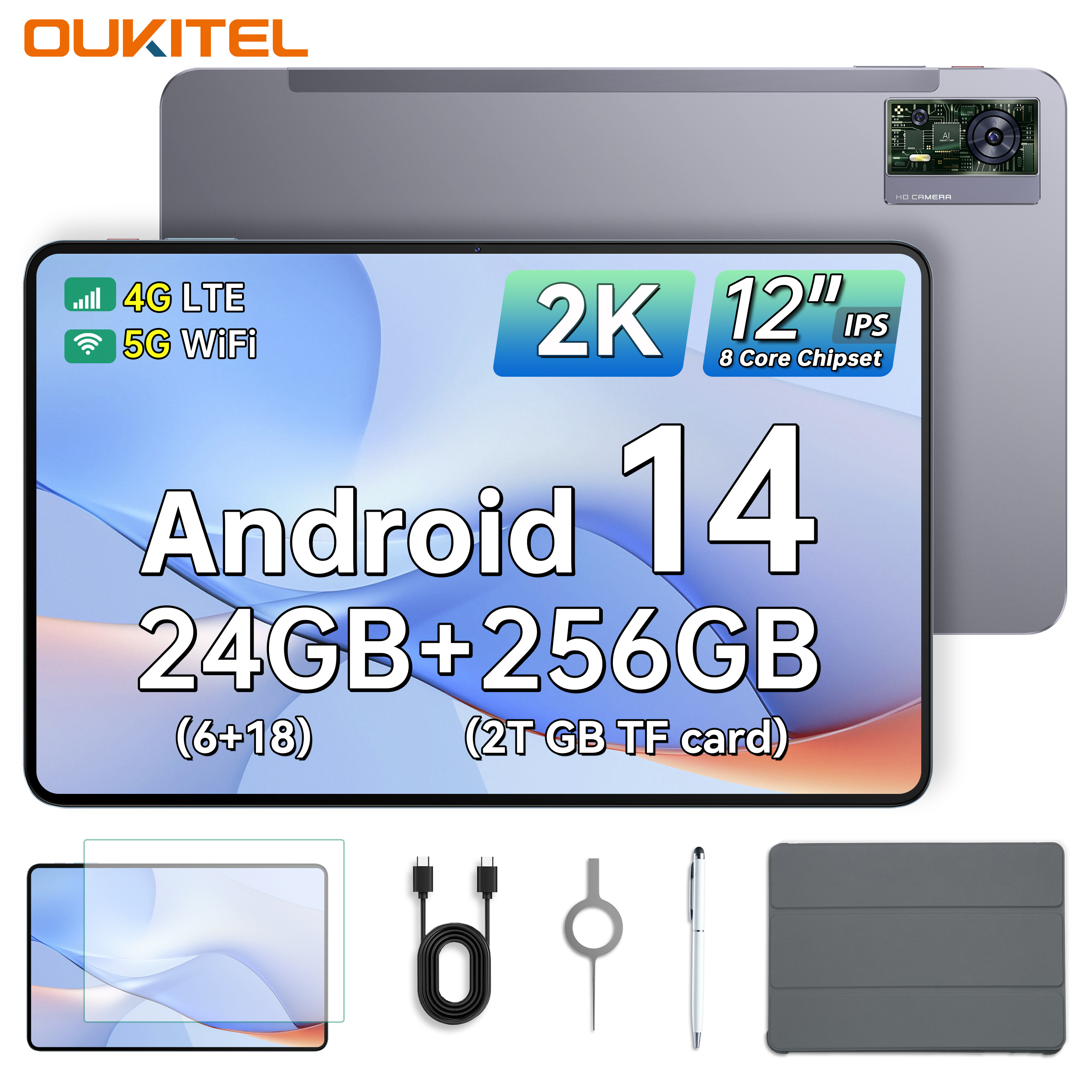 2025 OUKITEL OT5S 12-Inch Android 14 Gaming Tablet, 24GB RAM + 256GB ROM (Expandable to 2TB), 8250mAh/18W Battery, 2.4K 90Hz Display, T606 Octa-Core Processor, 8-Core GPU, Quad Speakers, Dual SIM (Keyboard Not Included)