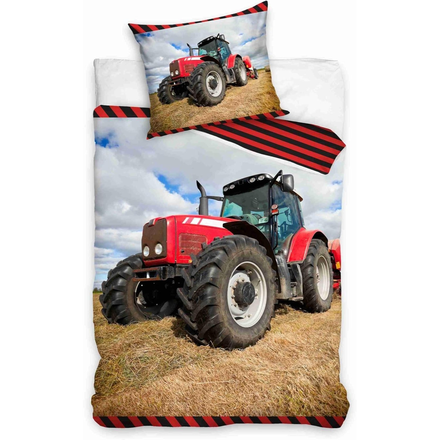 Image of Red Tractor Reversible Bedding Set Duvet Cover 135x200cm Pillowcase 80x80cm 100% Cotton German Size Kids Bedding Set With Zipper, Tractor Trailer, Farm Stripes