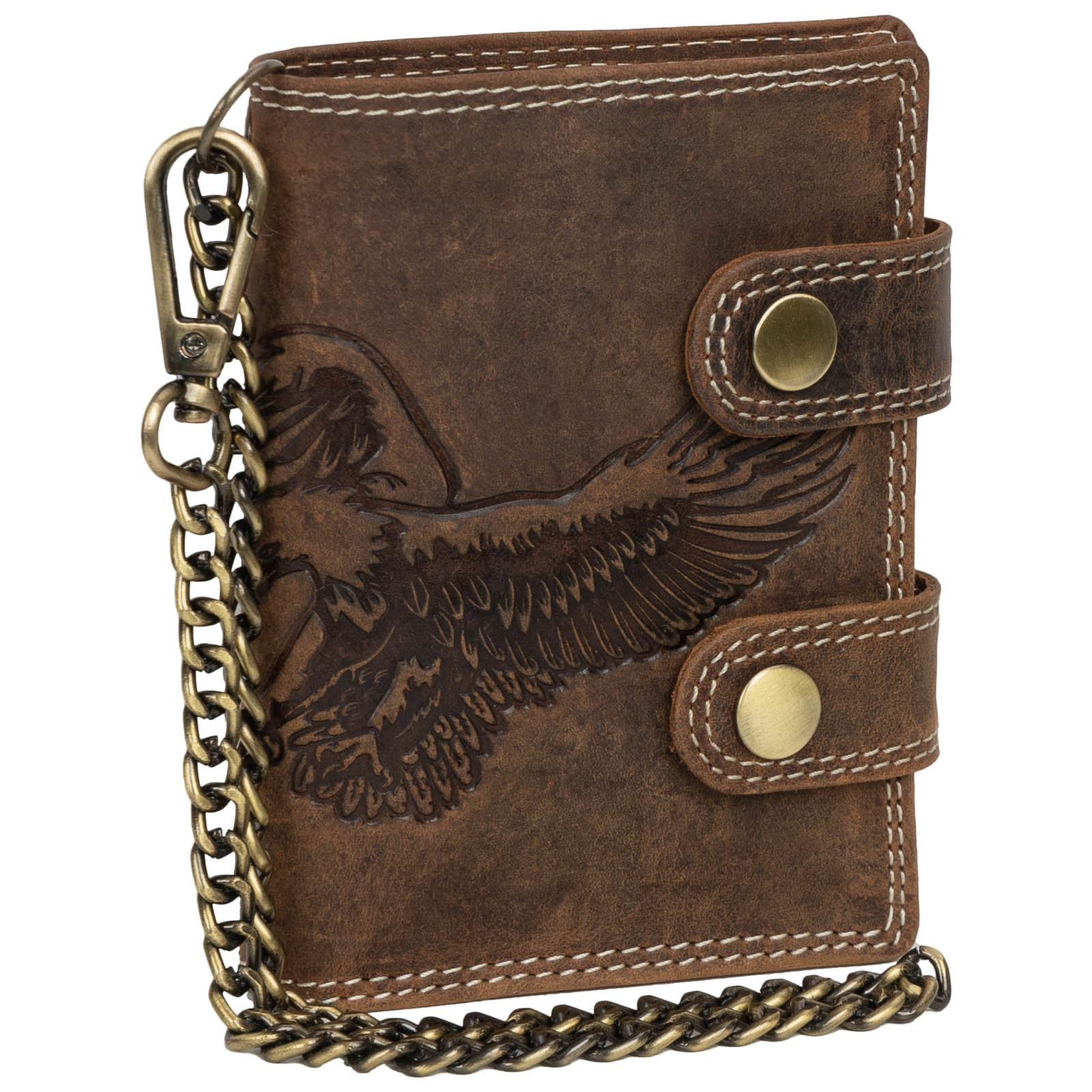 Men's Vertical Rfid Buffalo Genuine Leather Wallet With And Chain, Tan Eagle Motif, Dimensions: 12.5 X 9.5 X 2 Cm