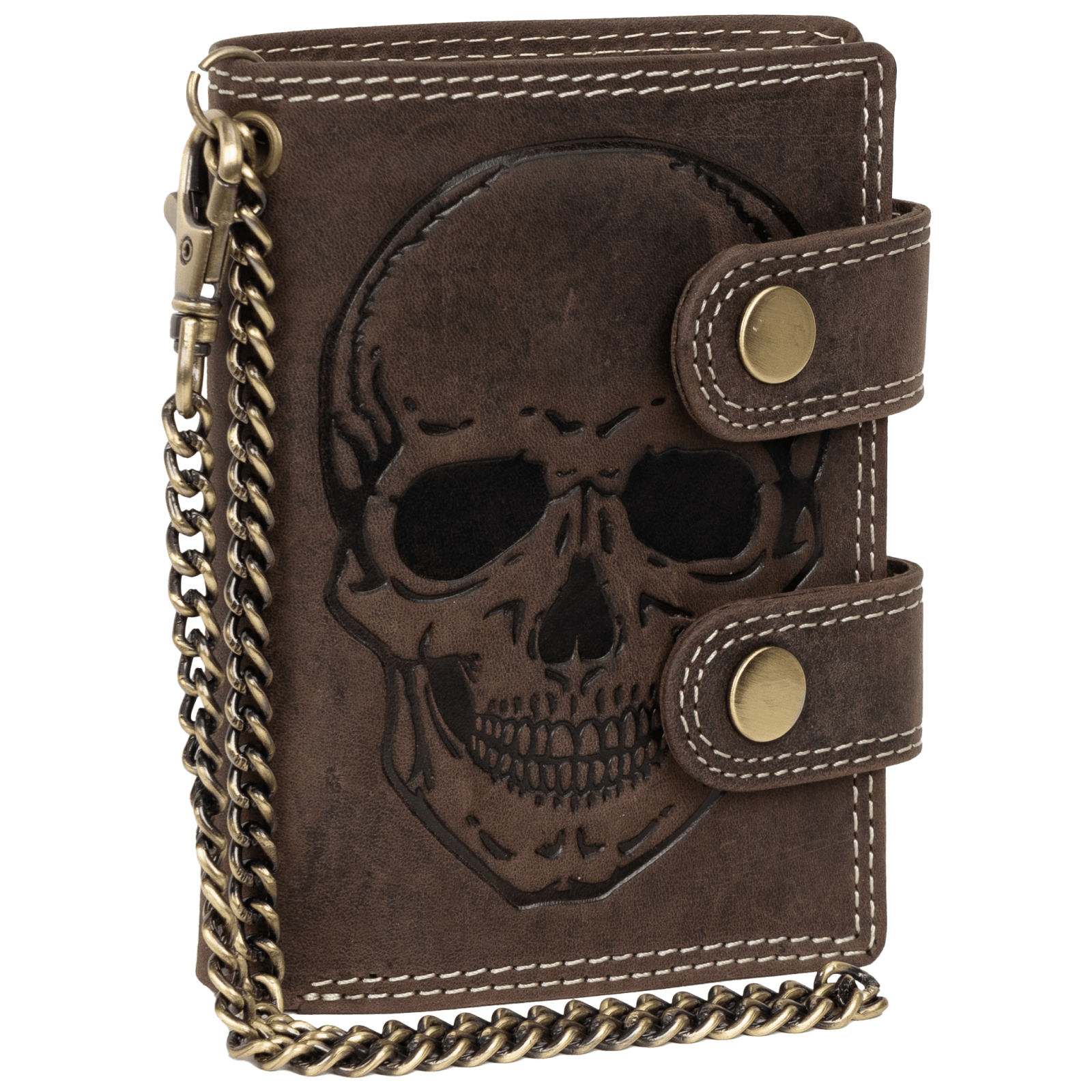 Rfid Leather Wallet For Men With Embossed Motif And Chain Brown Vertical Format Skull Motif Dimensions: 12.5 X 9.5 X 2 Cm