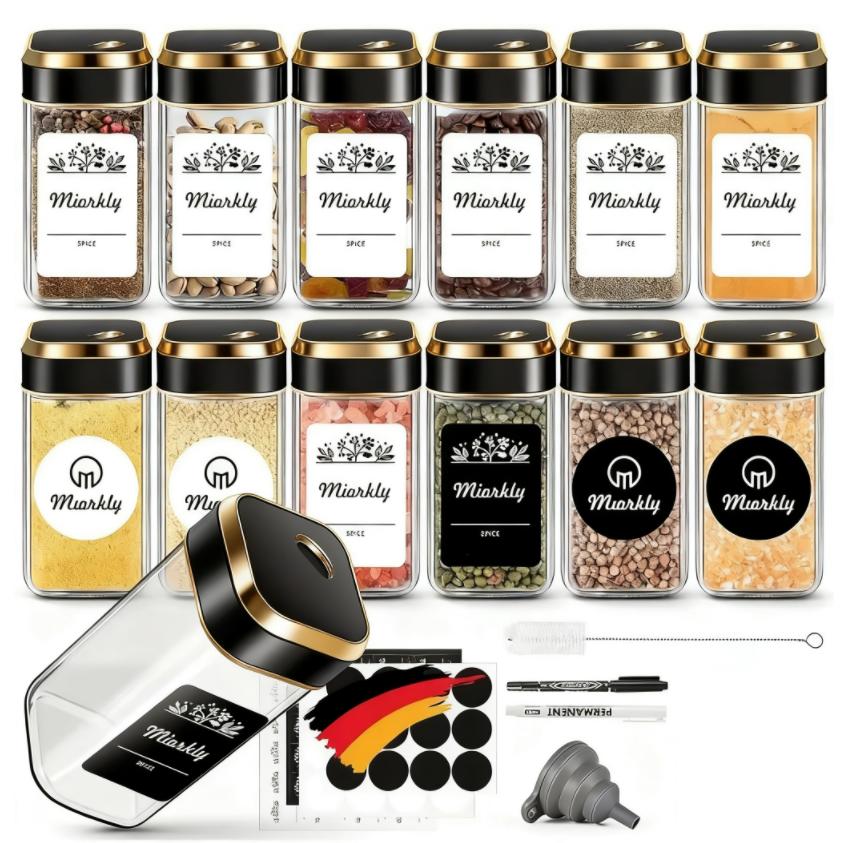 E-shop 12 quadratische Gewürzdosen mit goldenen luftdichten Deckeln, Gewürzdosen, Küchengewürzmischungen, Gewürzdosen aus Glas, Picknick im Freien,
