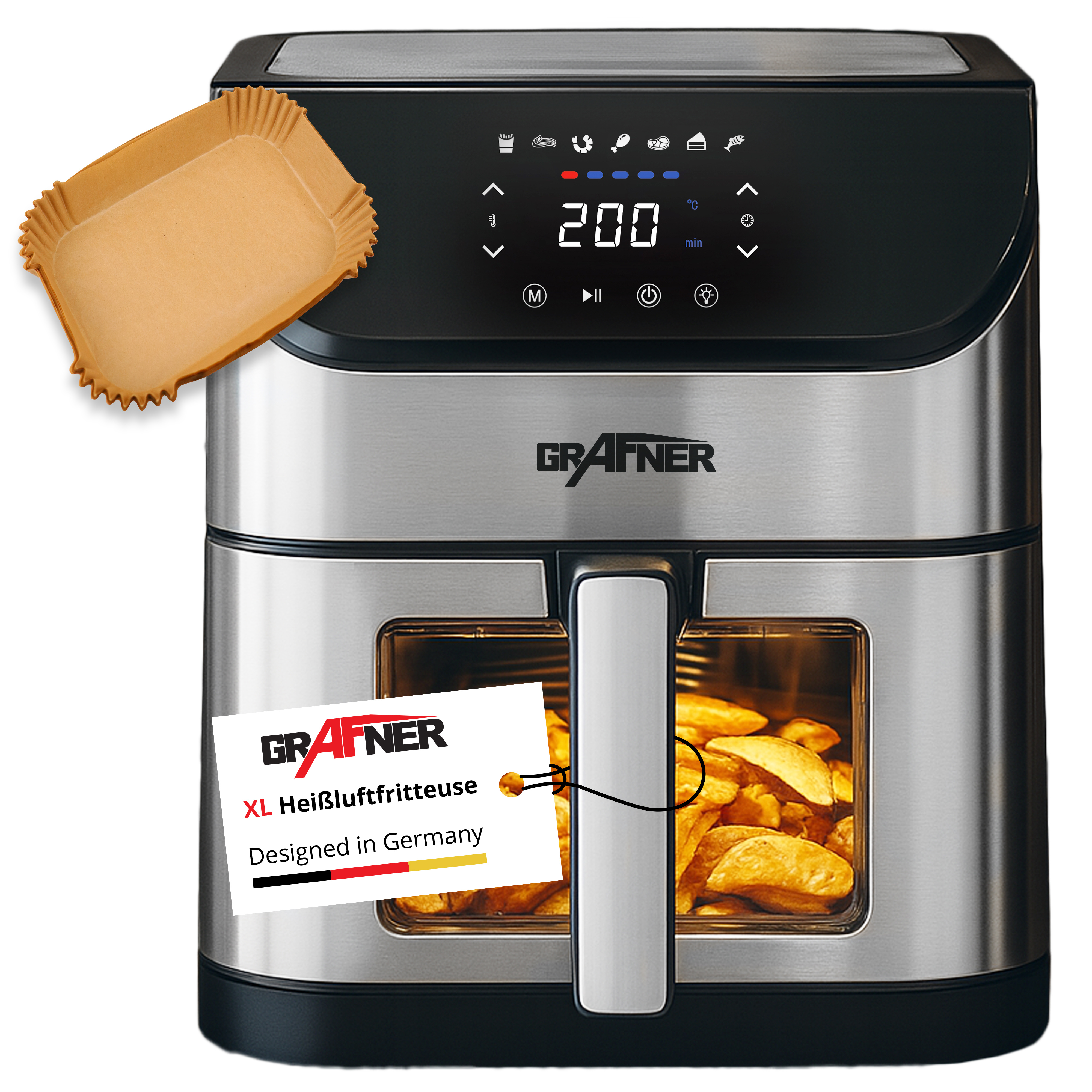 E-shop 8L Heißluftfritteuse XXL, 100x Backpapier, LED Touchscreen, 7 Programme, 1800 Watt, Sichtfenster, Antihaft-Beschichtung, Fritteuse ohne Fett