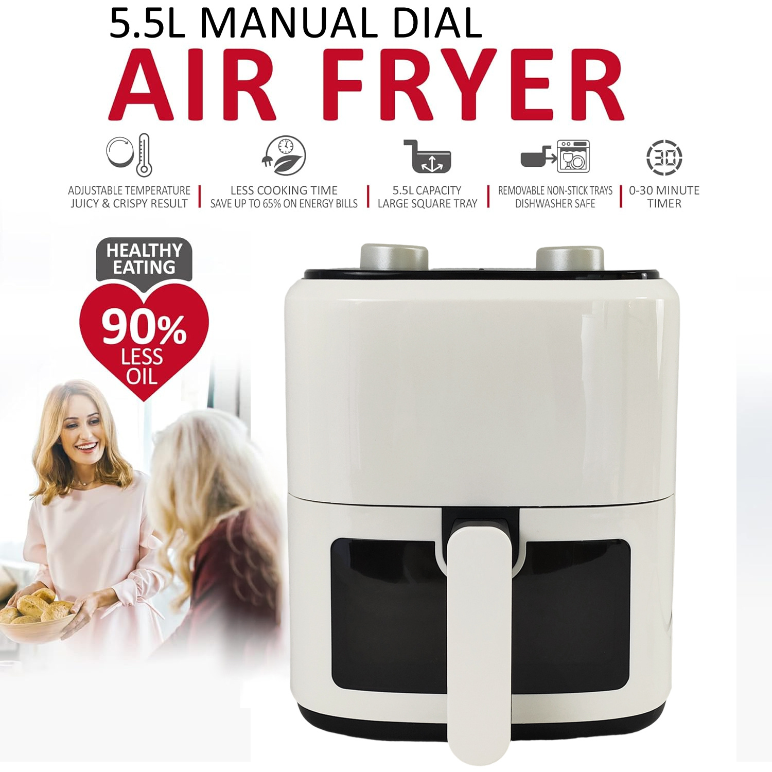 TEMU 5.5l Large Capacity Air Fryer With Dial Timer Low Oil