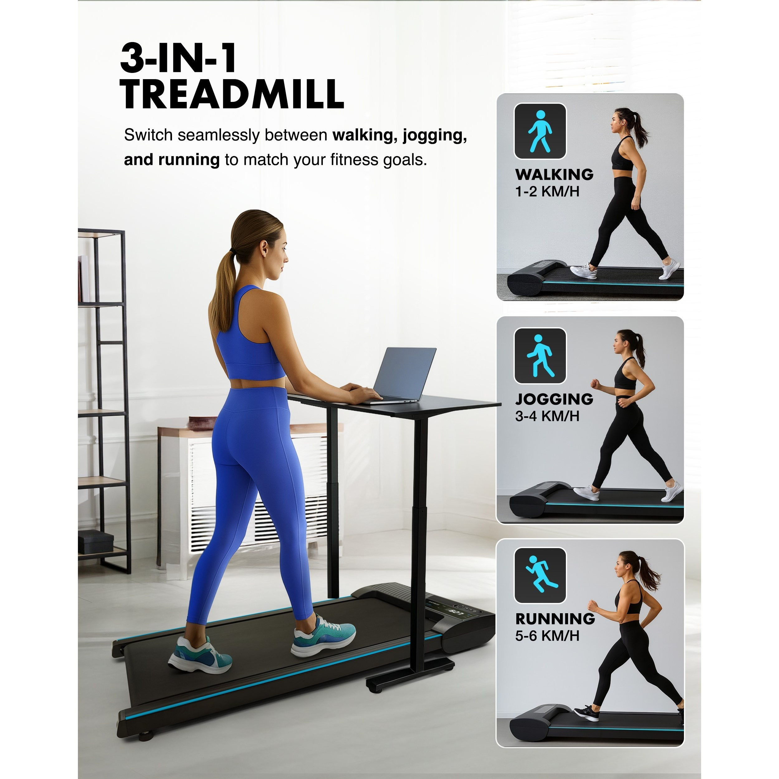 Kayman 3-in-1 Walking Pad Treadmill – Under Desk Electric Treadmill, Space-Saving, 120kg Capacity, 1–6km/h, Running, Walking & Working Modes, 2-Level Manual Incline, LED Display, Remote,900×400mm Belt