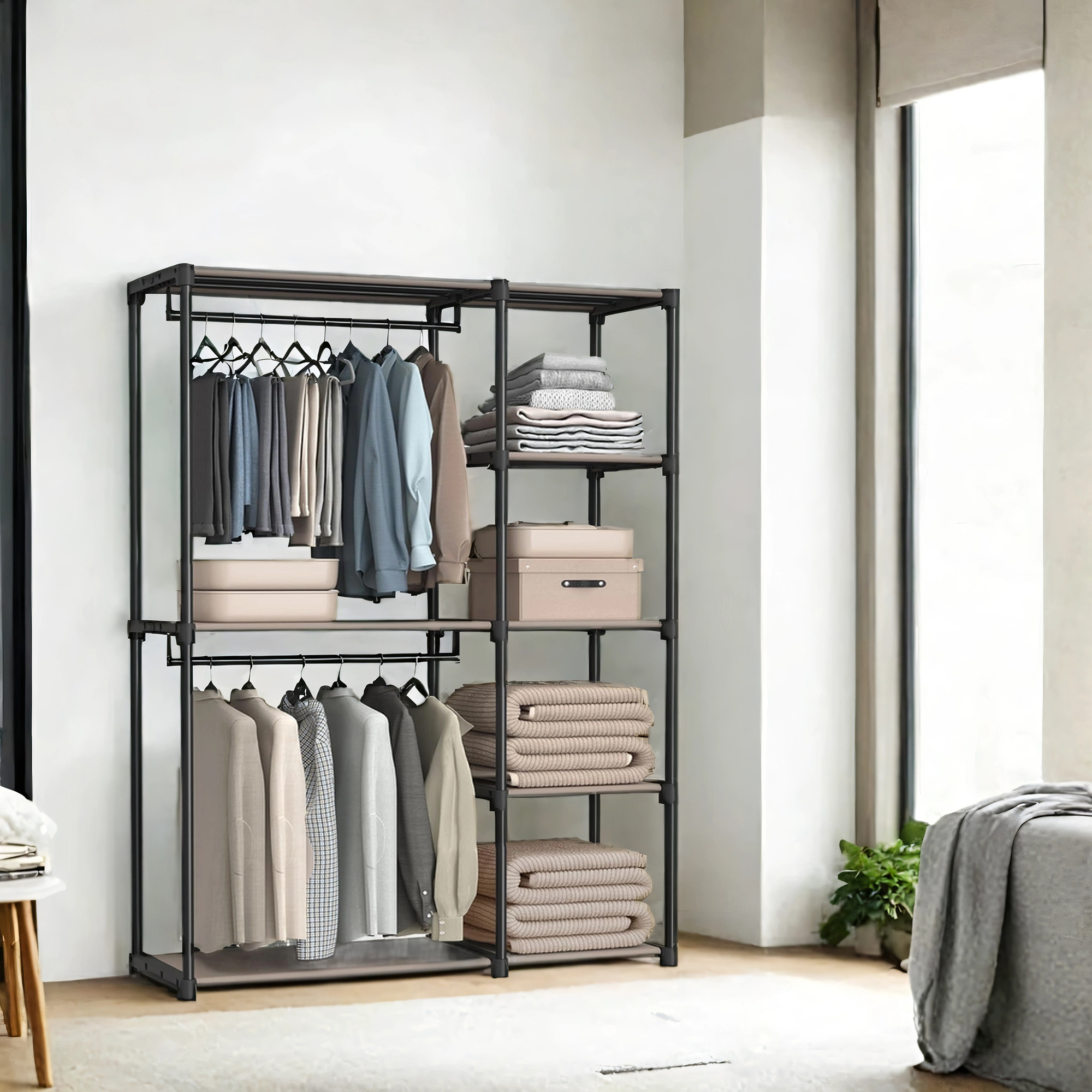 E-shop Freistehender, faltbarer Kleiderschrank mit Garderobenständer und Kleiderstangen, offener Aufbewahrungsorganizer für Schlafzimmer und Gäste-WC,