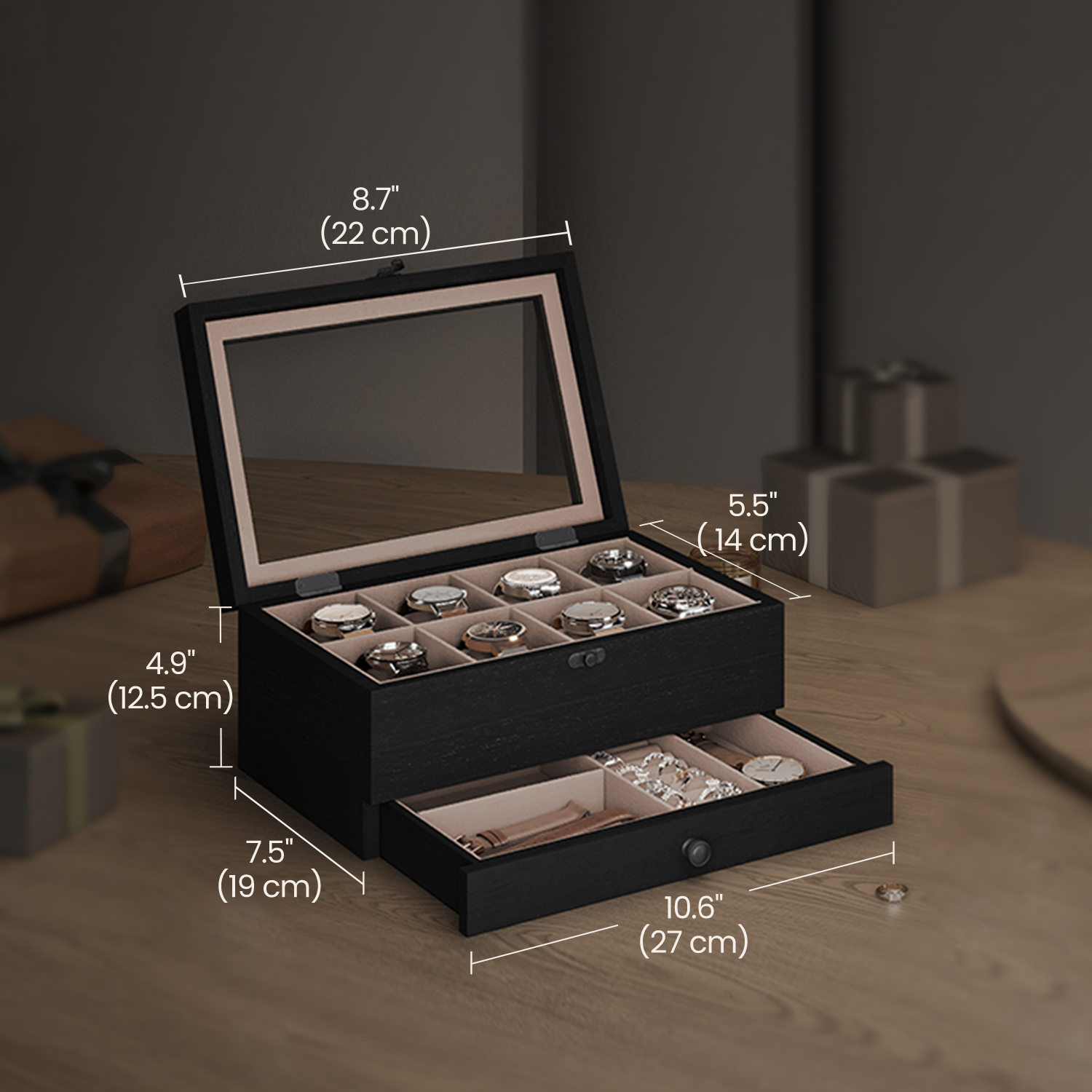 Watch Box With 8 Compartments, Glass Lid Watch Case, Small Drawer At