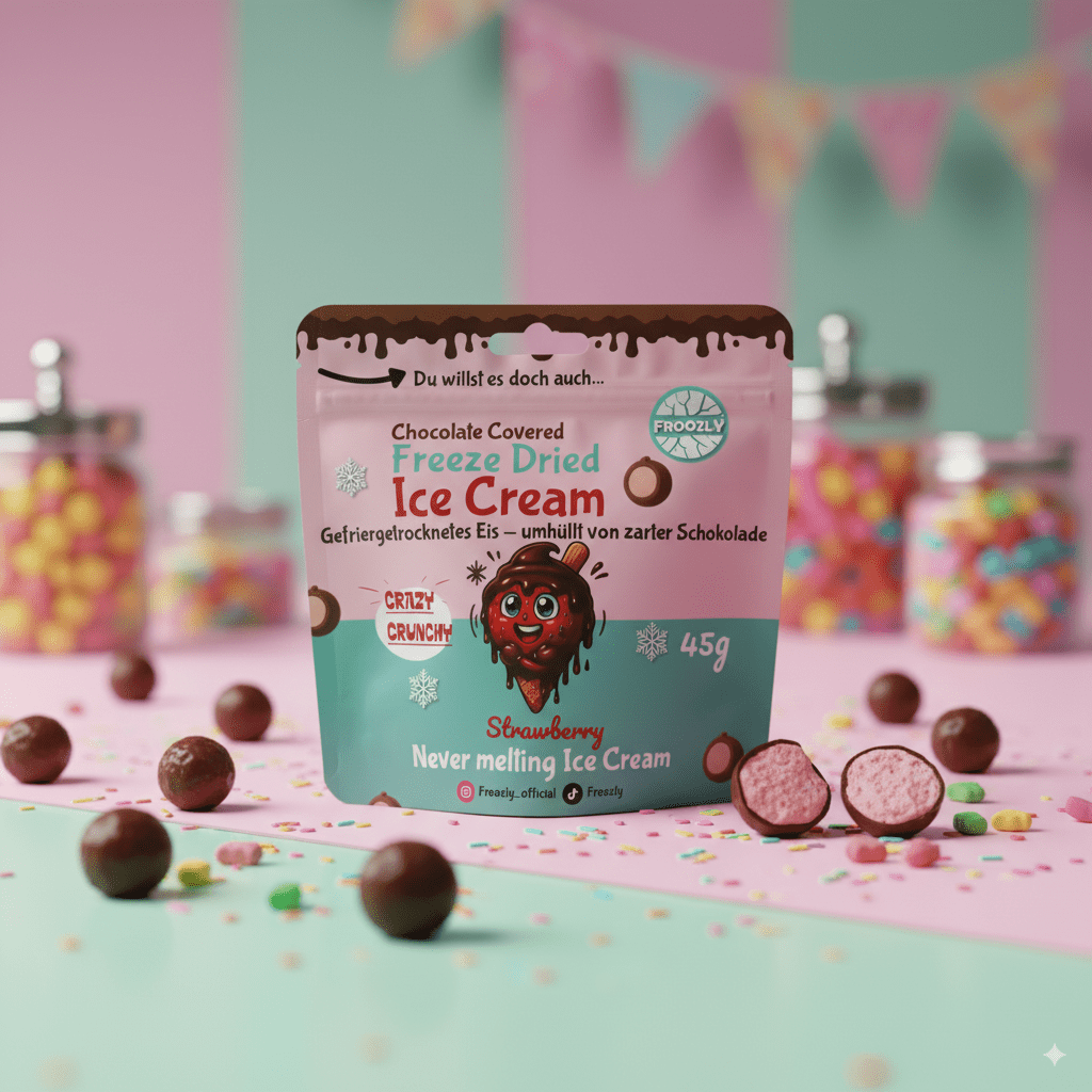 E-shop Froozly Freeze Dried Ice Cream 45g – Gefriergetrocknetes Eis, Strawberry & Vanilla, auch mit Schokolade, crunchy & creamy