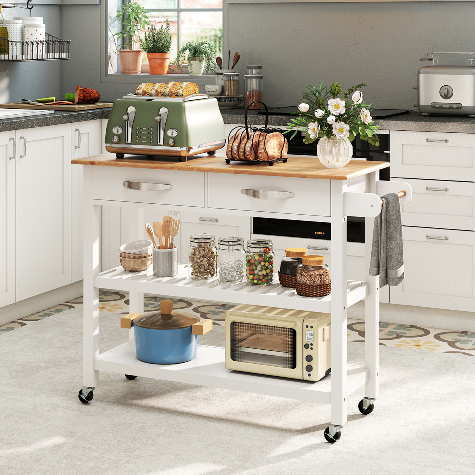 Kitchen Island With Storage, 3-tier Rolling Utility Cart With Wood Countertop, 2 Drawers, 2 Open Shelves And Lockable Casters