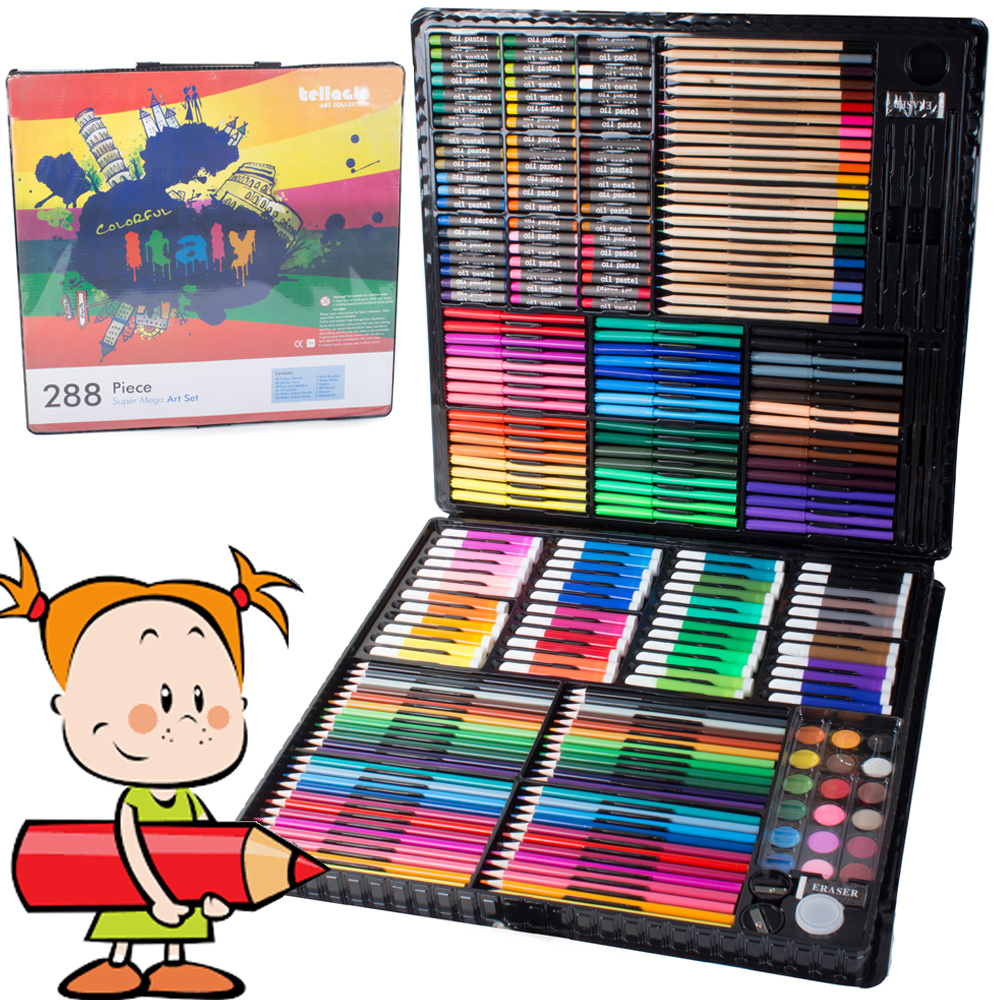 TEMU Artistic Painting Set In A Case With 288 Pieces: Pencils, Watercolor Crayons, Markers, Oil Paints, Watercolors, Brushes, Erasers, Clips,