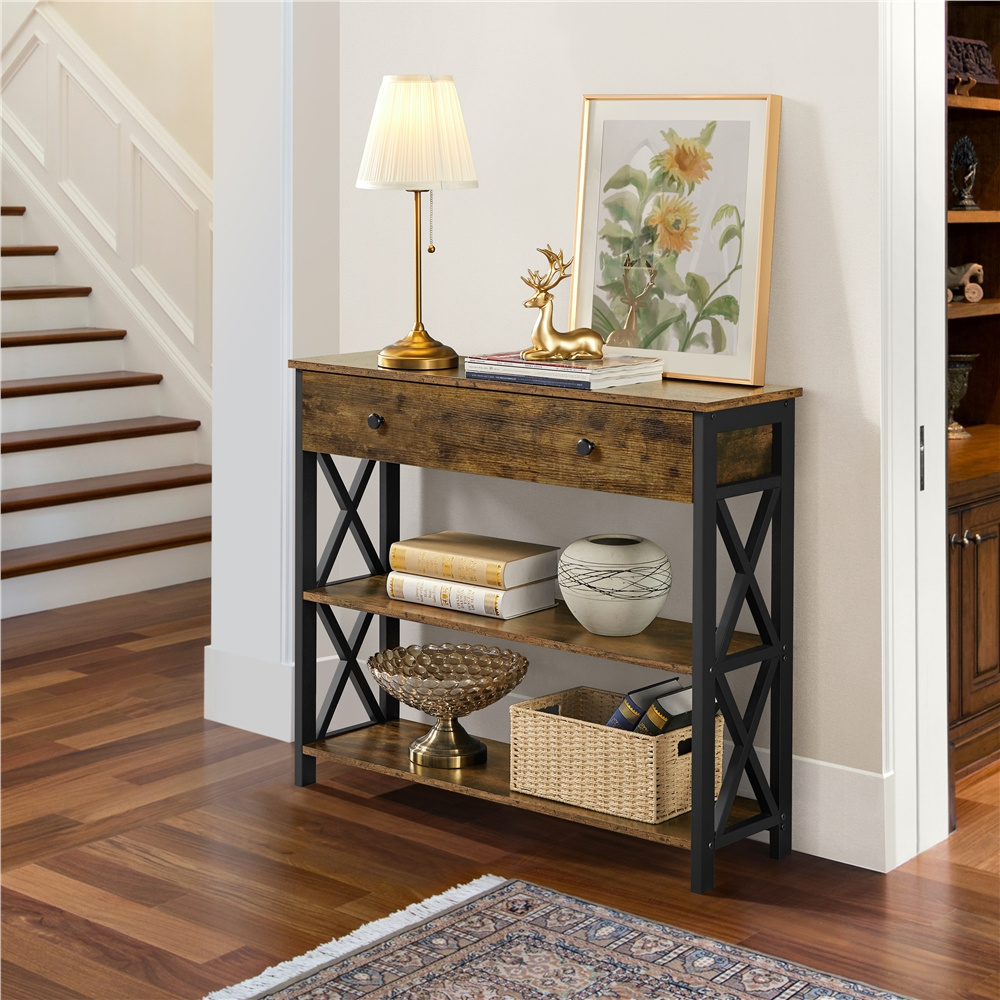 TEMU Costoffs Vintage Console Table With 1 Drawer And 2 Open Shelves, Versatile Sofa Table Modern Hallway Table X-shaped Metal For Living
