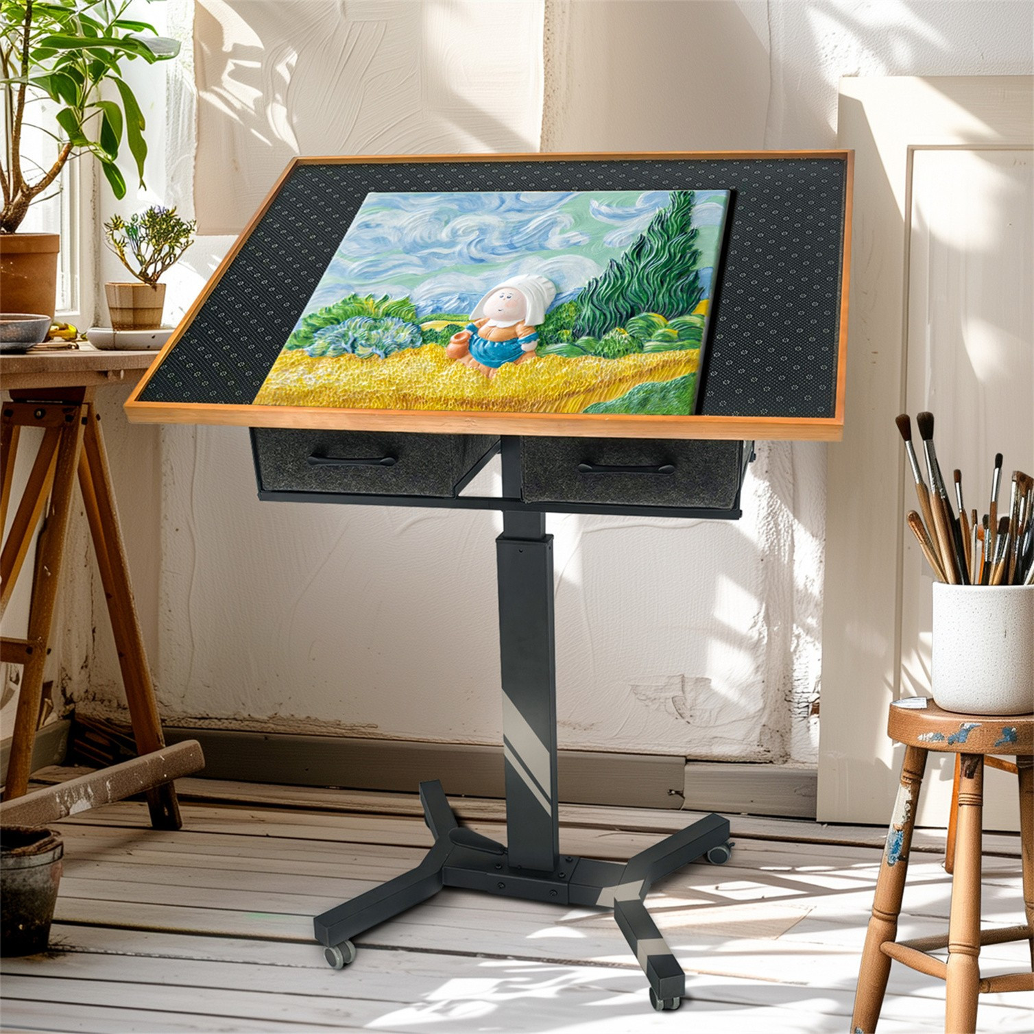 1500 Piece Puzzle Table Adjustable Height, Adjustable Angle Puzzle Board With 2 Drawers & Cover, 90x70cm Wooden Board With 4 Wheels, Christmas Gift