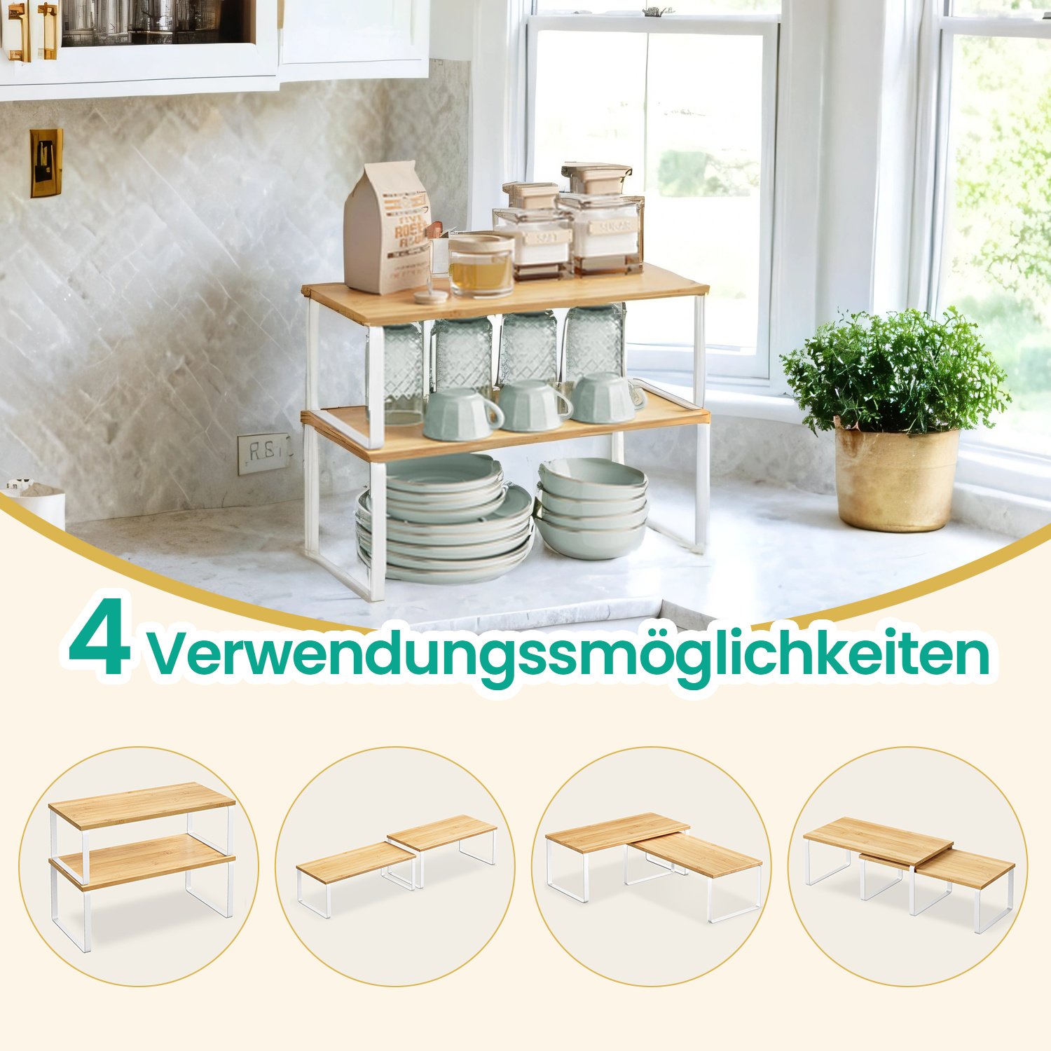 E-shop Set mit 2 Küchenthekenregalen, Schrank-Organizer-Regal, Küchenaufbewahrung, Gewürzregal, stapelbar, erweiterbar, Metall und , weiß und natur