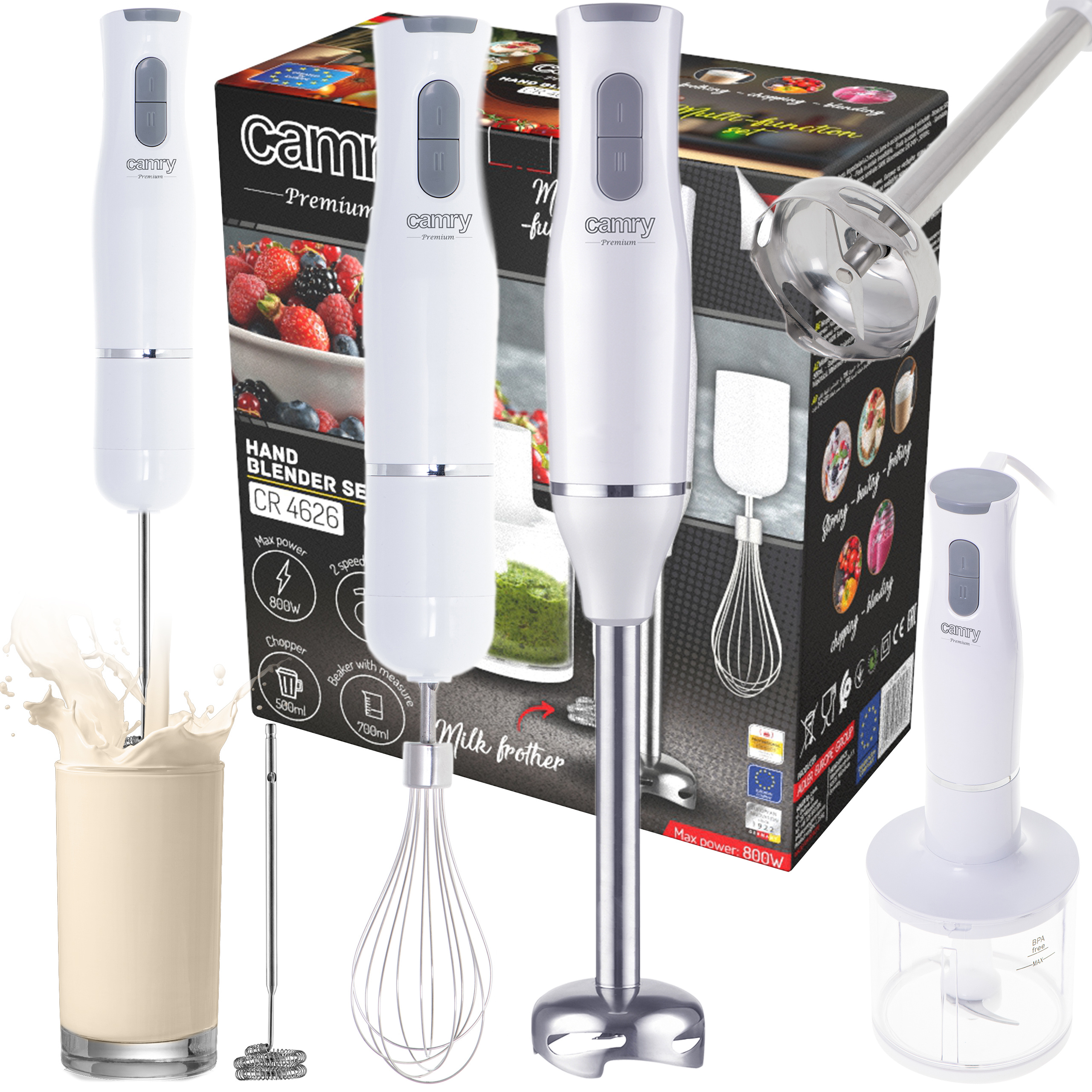 TEMU 4-in-1 Hand Blender Camry 800w – , Chops, Whips, And Froths. Includes: Stainless Steel Attachment, 700ml Measuring Container, 500ml Chopper, And