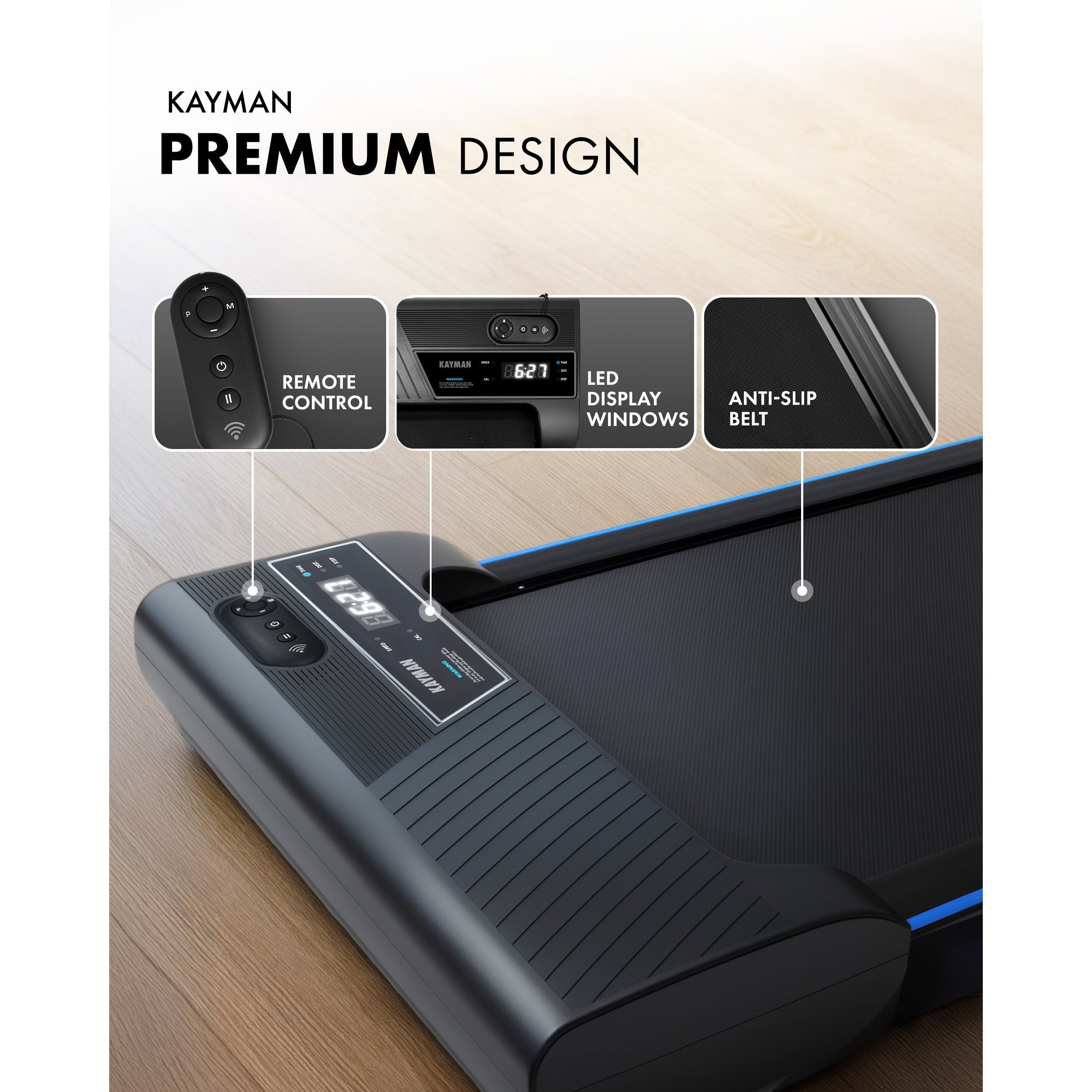 Kayman 3-in-1 Walking Pad Treadmill – Under Desk Electric Treadmill, Space-Saving, 120kg Capacity, 1–6km/h, Running, Walking & Working Modes, 2-Level Manual Incline, LED Display, Remote,900×400mm Belt