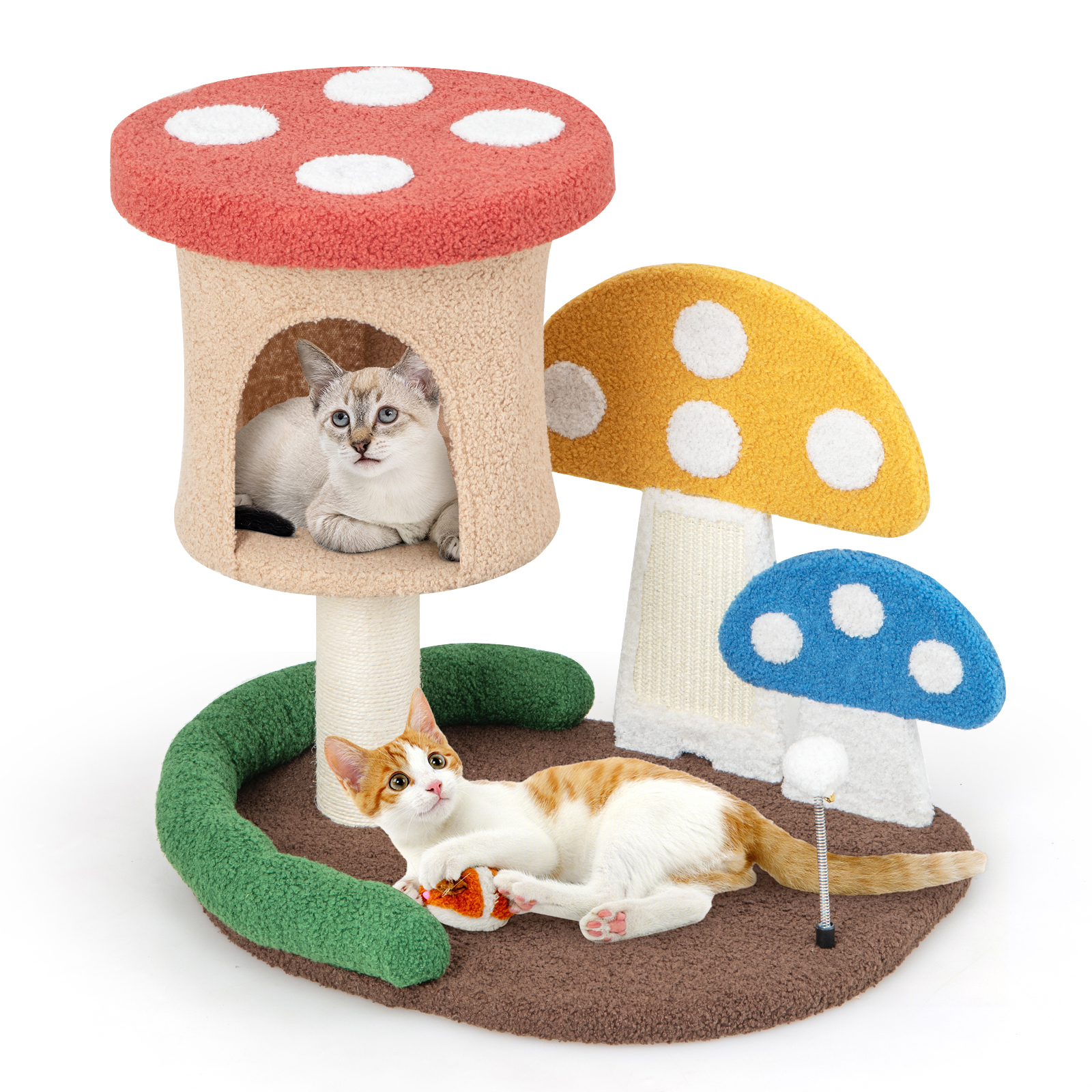 Image of 4-in-1 Cat Tree With Condo & Platform, Mushroom Cat Tower With Full-wrapped Sisal Post, Scratching Board & , Kitten Activity Center, Cat Climbing Stand For Living Room & Bedroom