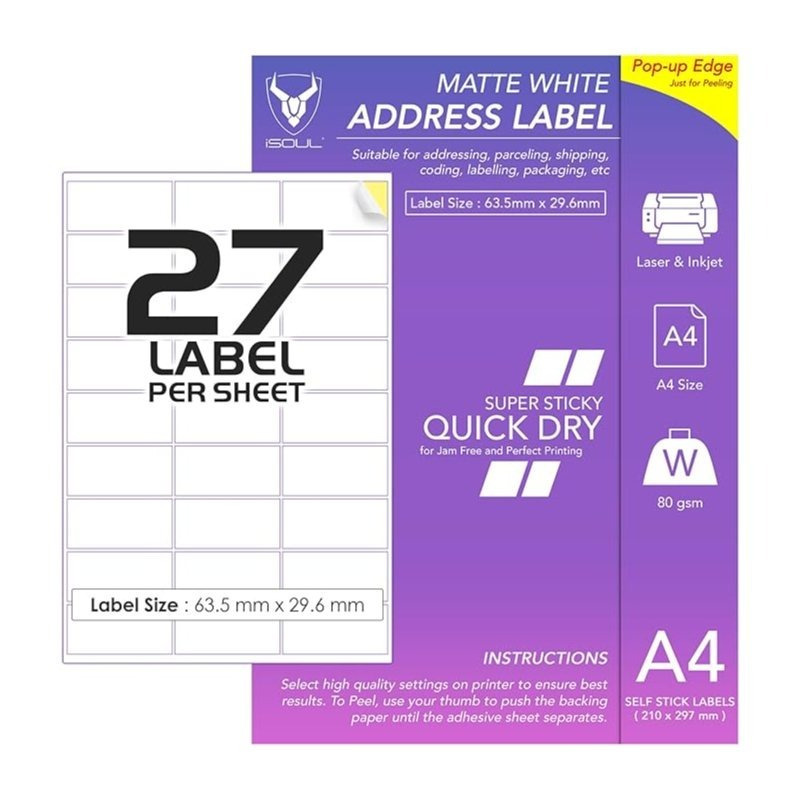 TEMU A4 Sticker Paper For Printer 100 Sheets, 27 Labels Per Sheet (2700 Total), White Matte Self-adhesive Address Labels, Printable Shipping Labels
