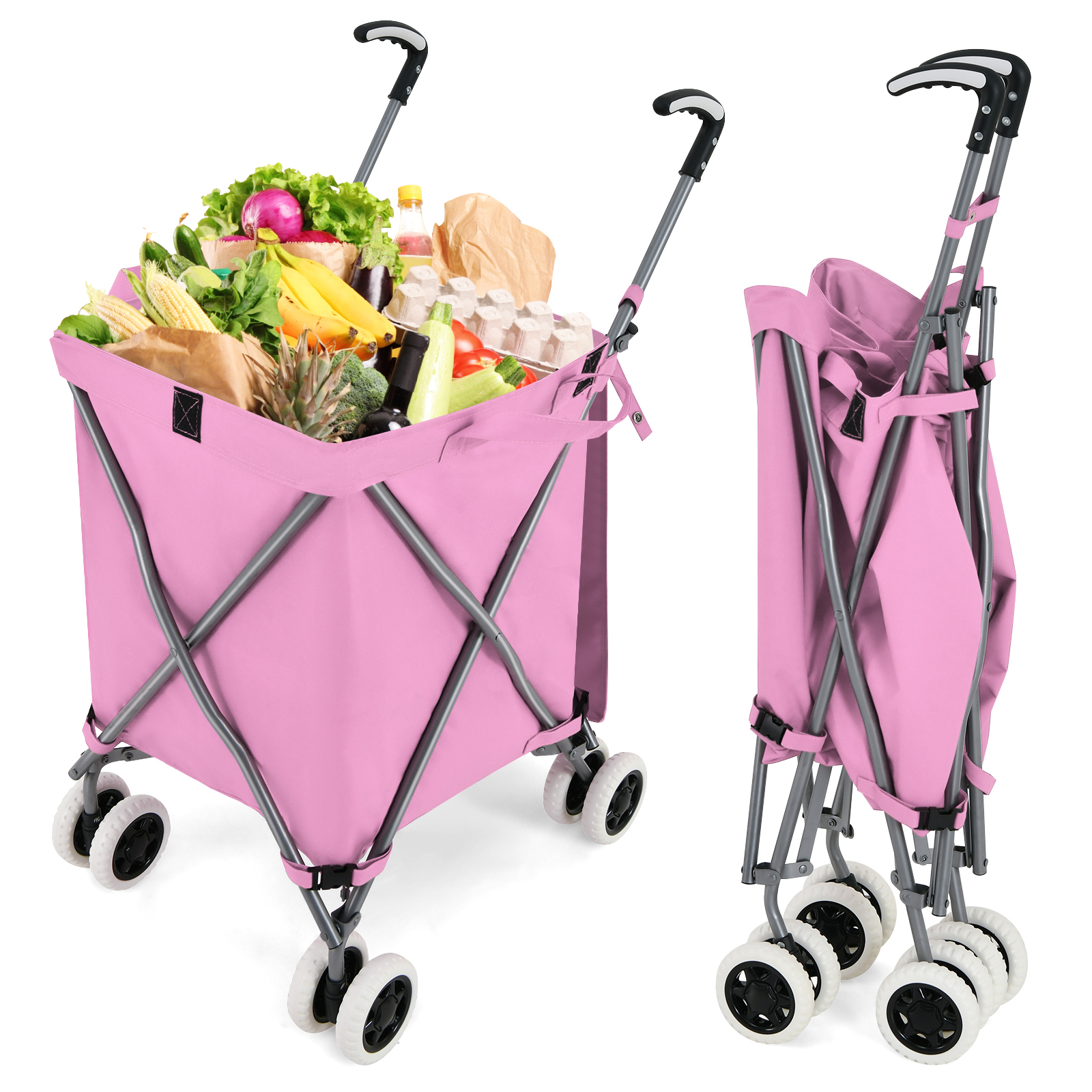 Pink 4 Wheels Folding Shopping Trolley, Heavy-duty Oxford Cloth & , Portable Utility Cart