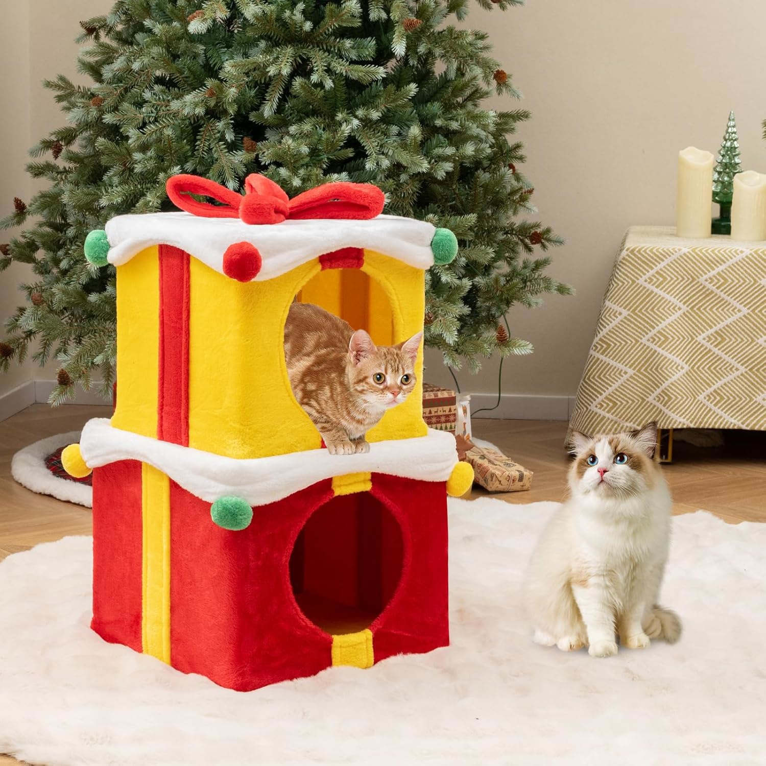 Image of 2-storey Cute Christmas Cat House, Stackable 2 Gift Box Shaped Kitten Condos With Bow, Indoor Cat Furniture With 2 Condos, Modern Warm Cat Bed Hideaways For Large Kitties Small Pet