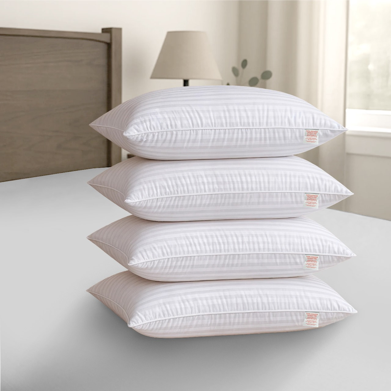 Hotel-Style 4-Pack Stripe Bed Pillows | Generously Filled for Plush Comfort | Soft Touch Fabric with Bounce Back Support | Ideal for Bedroom & Guest Rooms | Standard Size 74x48 cm | UK Local Stock | UK BRAND
