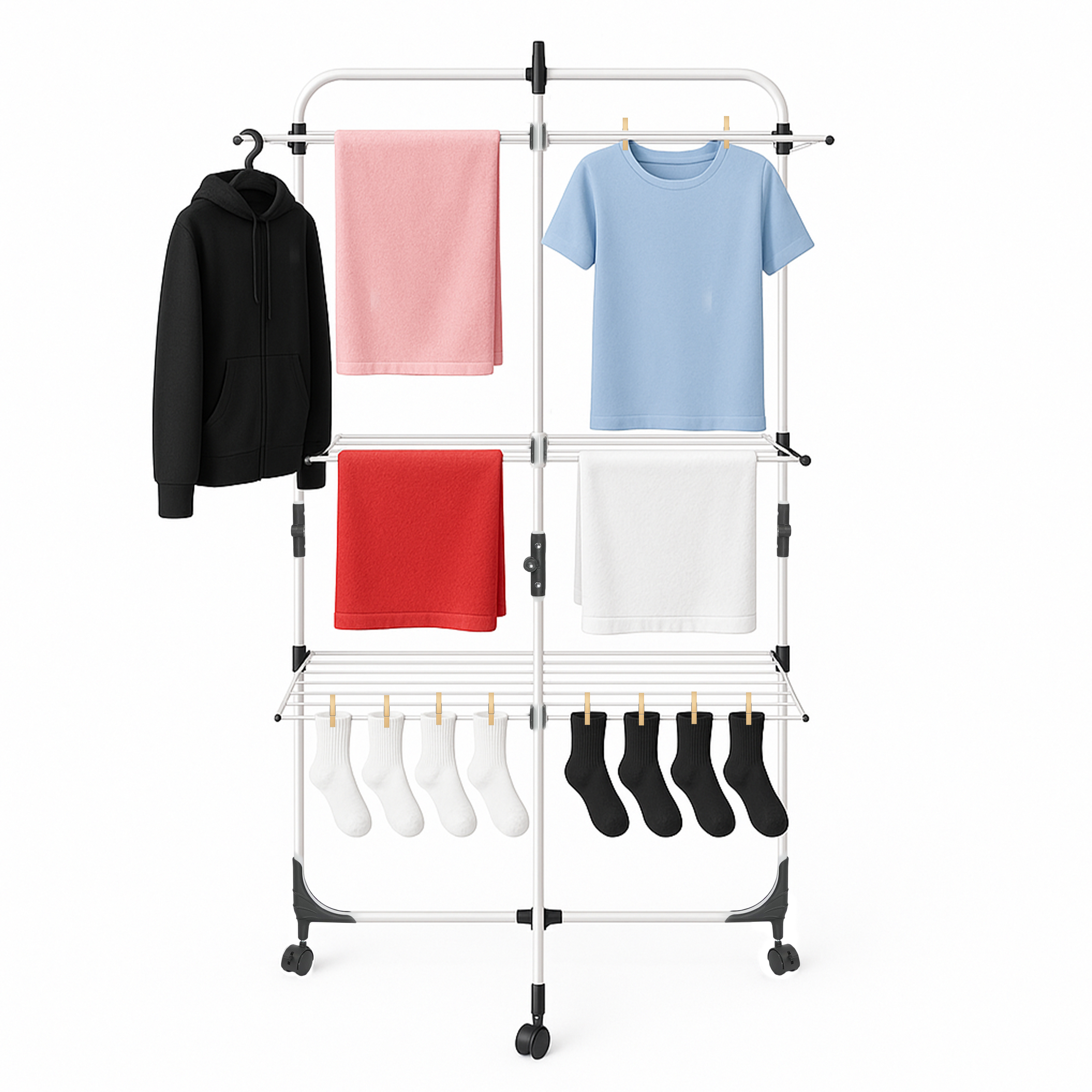 Image of Stand, 30 Meters Of Rope Length, With Wheels, Foldable And Space-, 3 Tiers, 6 Foldable Wings, Rollable And Stable, Laundry Stand Drying Rack.