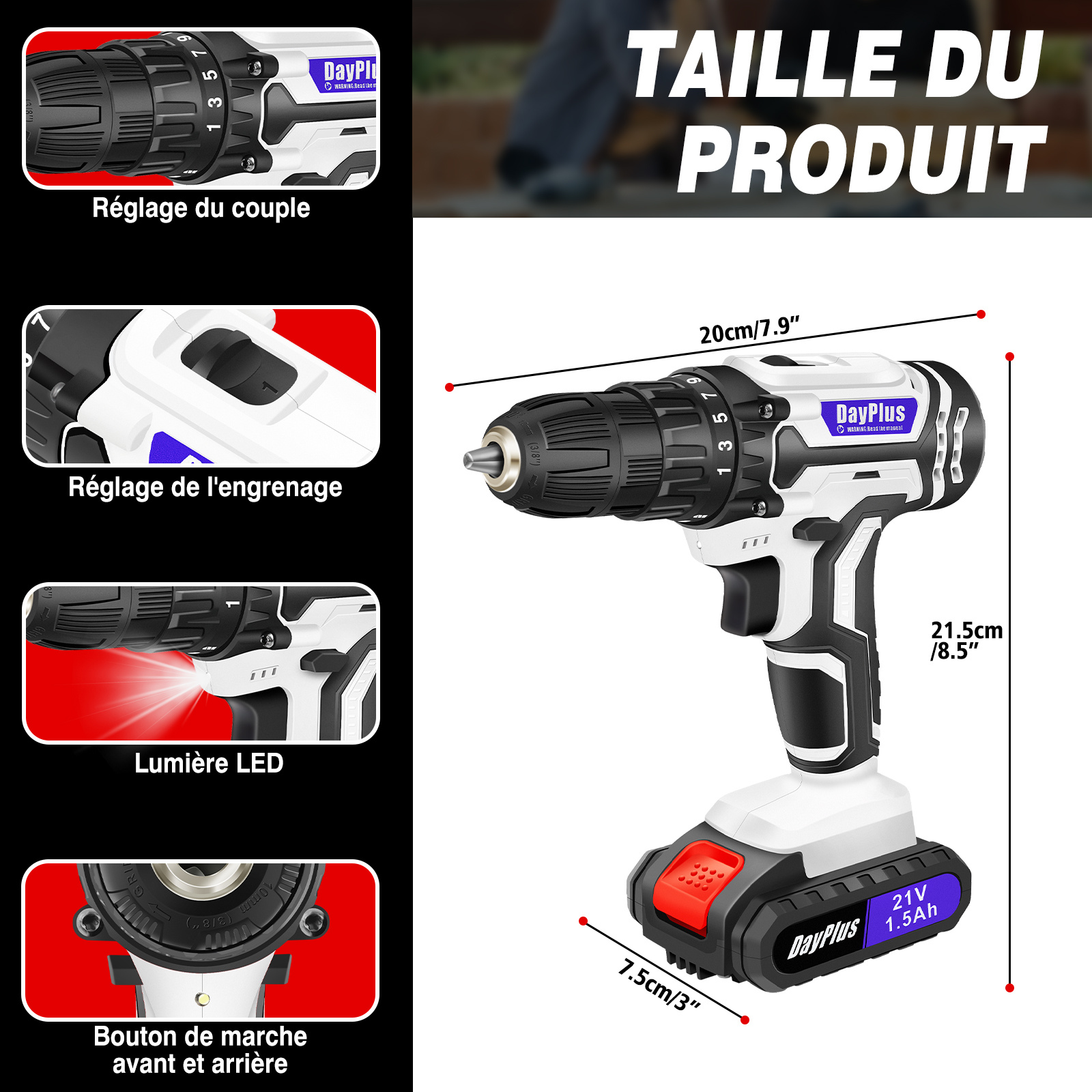 Perceuse Visseuse Sans Fil 21V, Visseuse Devisseuse Sans Fil, 45Nm Perceuse Électrique pour la Bricolage, 25+1 Réglages de Couple, 29 Accessoires, 2 Vitesses, LED, Mandrin Sans clé 10 mm, avec Batterie et Coffret de Transport