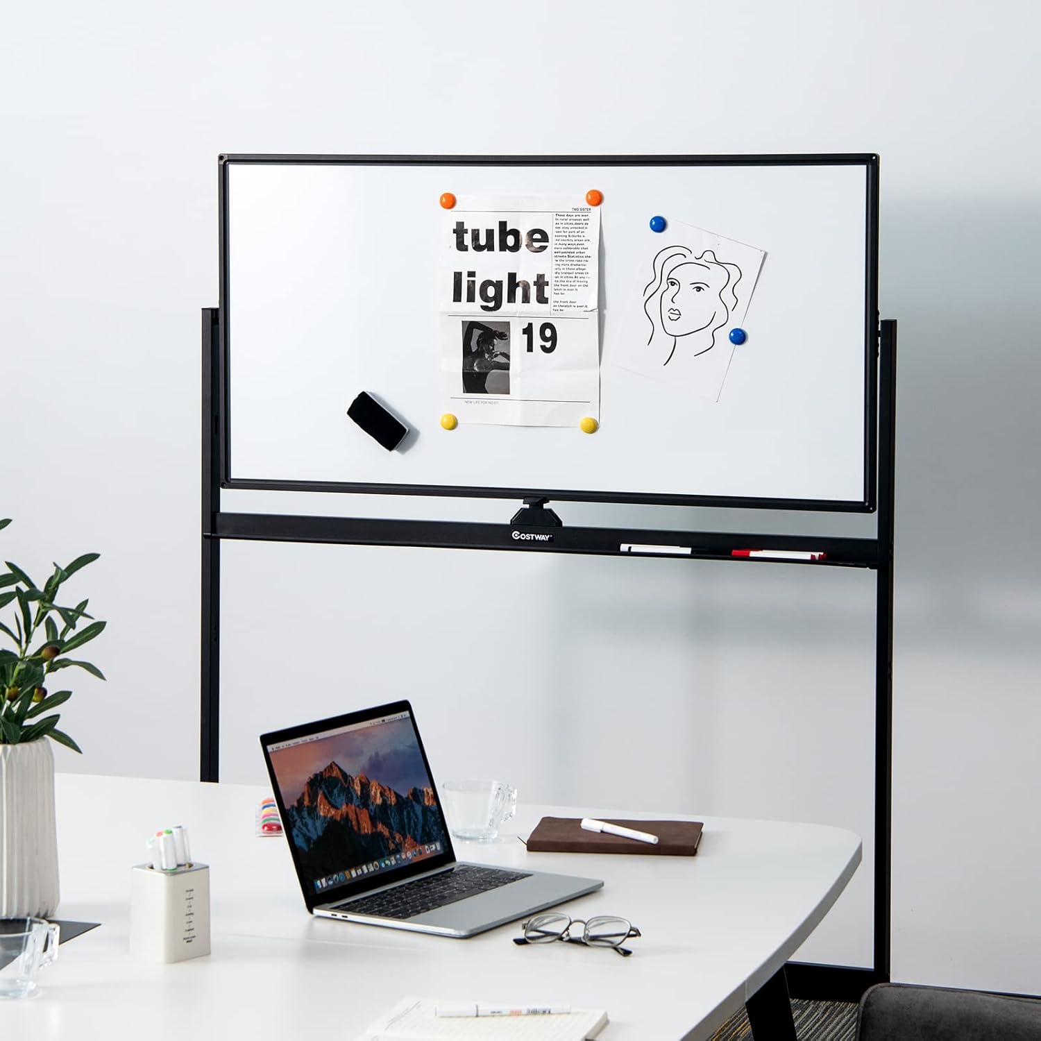 Double-sided Magnetic Whiteboard On Wheels, Large Height Adjustable Easel Style Whiteboard, Reversible Rolling Magnetic Whiteboard For Office, Classroom, Home, 120 Cm X 60 Cm