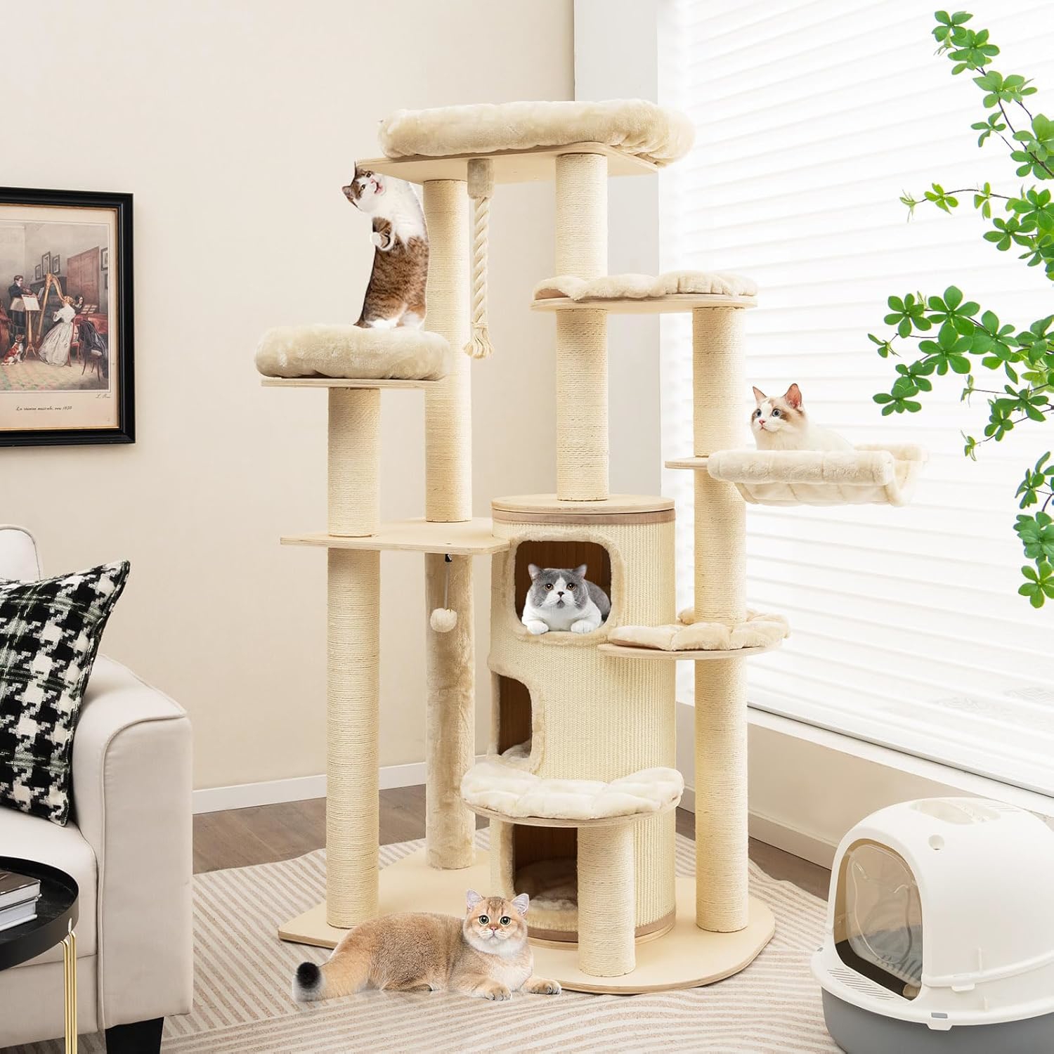 Image of Multi-level Cat Tree, Wooden Cat Tower With 3-story Cat Condo, 2 Perches, Scratching Posts, Platforms, Sleeping Bed, , Hanging Rope, Modern Cat Furniture For Indoors Cats