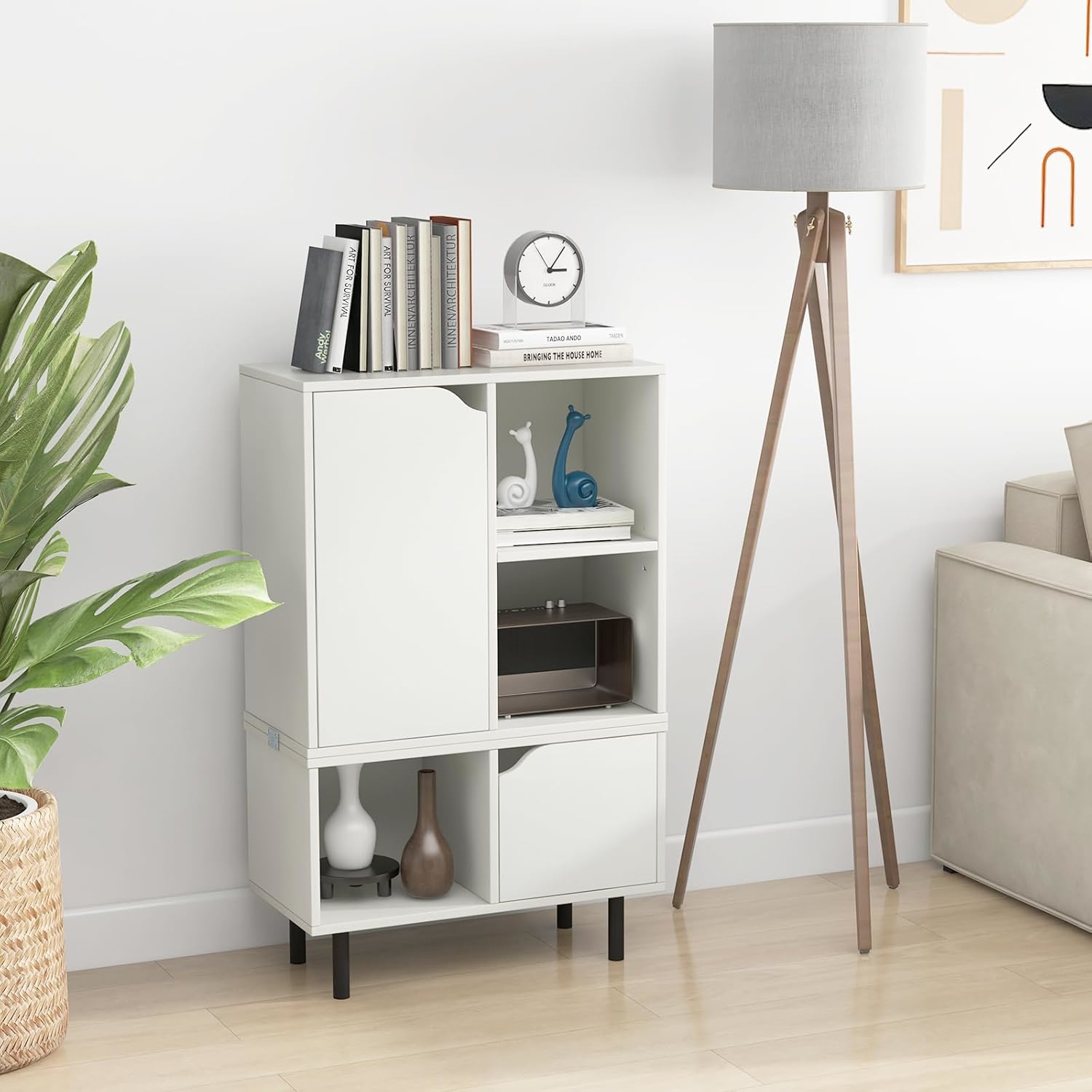 Stackable Bookcase, Combination Lattice Cabinet, Floor Open Bookshelf W/ Adjustable Shelf & Cubes, Display Cabinet W/ Metal Legs, Organizer For Living Room, Bedroom, Study, White