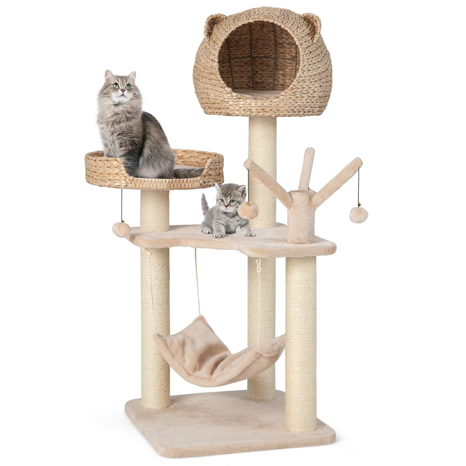 48" Tall Cat Tree Tower, Kitten Activity Center With Fluff Cat Condo, Large Bed, Hammock, Rotatable Hanging Balls, Sisal Scratching Posts, Cushions, Cat Tree For Indoor Cat