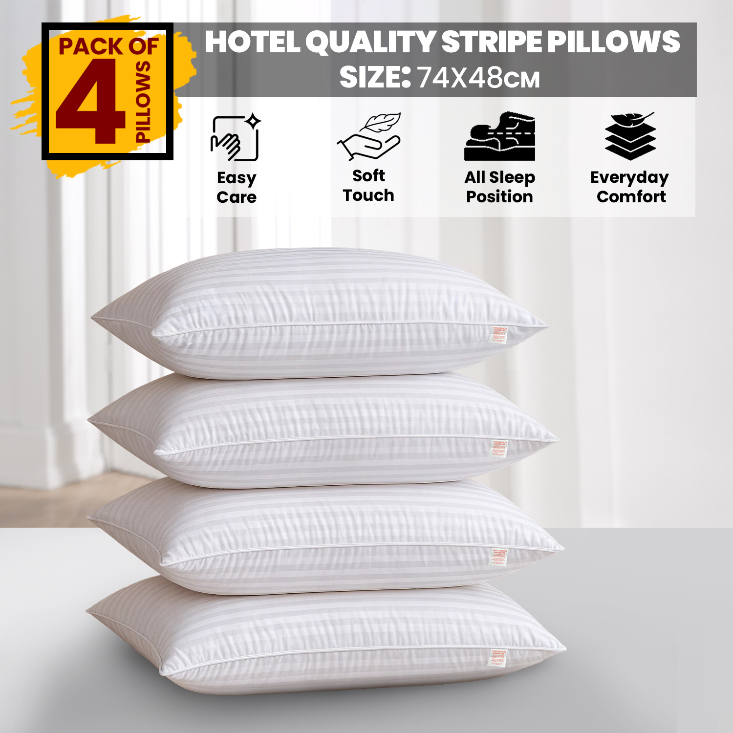 4 Pack Hotel Quality Stripe Pillows | Soft Touch Bed Pillows | Size 74x48 cm | Everyday Comfort for All Sleep Positions | Extra Filled for Plush Comfort | Durable Supportive Fill | Ideal for Home & Guest Rooms | Fast Shipping | LOCAL WAREHOUSE | Trusted UK BRAND