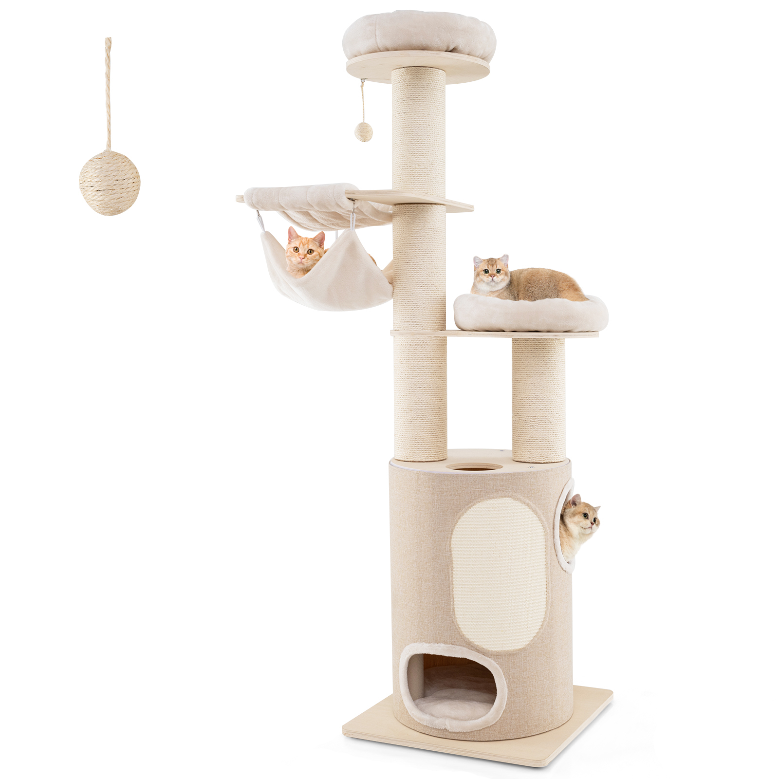 Image of 74" Tall Wooden Cat Tower Tree W/ 2-story Cat Condo, 2-style Hammocks, 2 Perches, Sisal Scratching Posts & Mat & Ball, Washable Cushions, 6-layer For Indoor Kitten & Cat