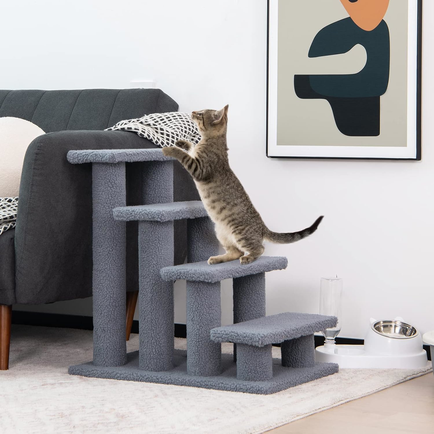 Image of 4-step Cats Stairs, Upholstered Dog Steps Ladder For High Bed, Couch & Window, Cat Tree For Small & Aging Pets Climbing Playing, Gray