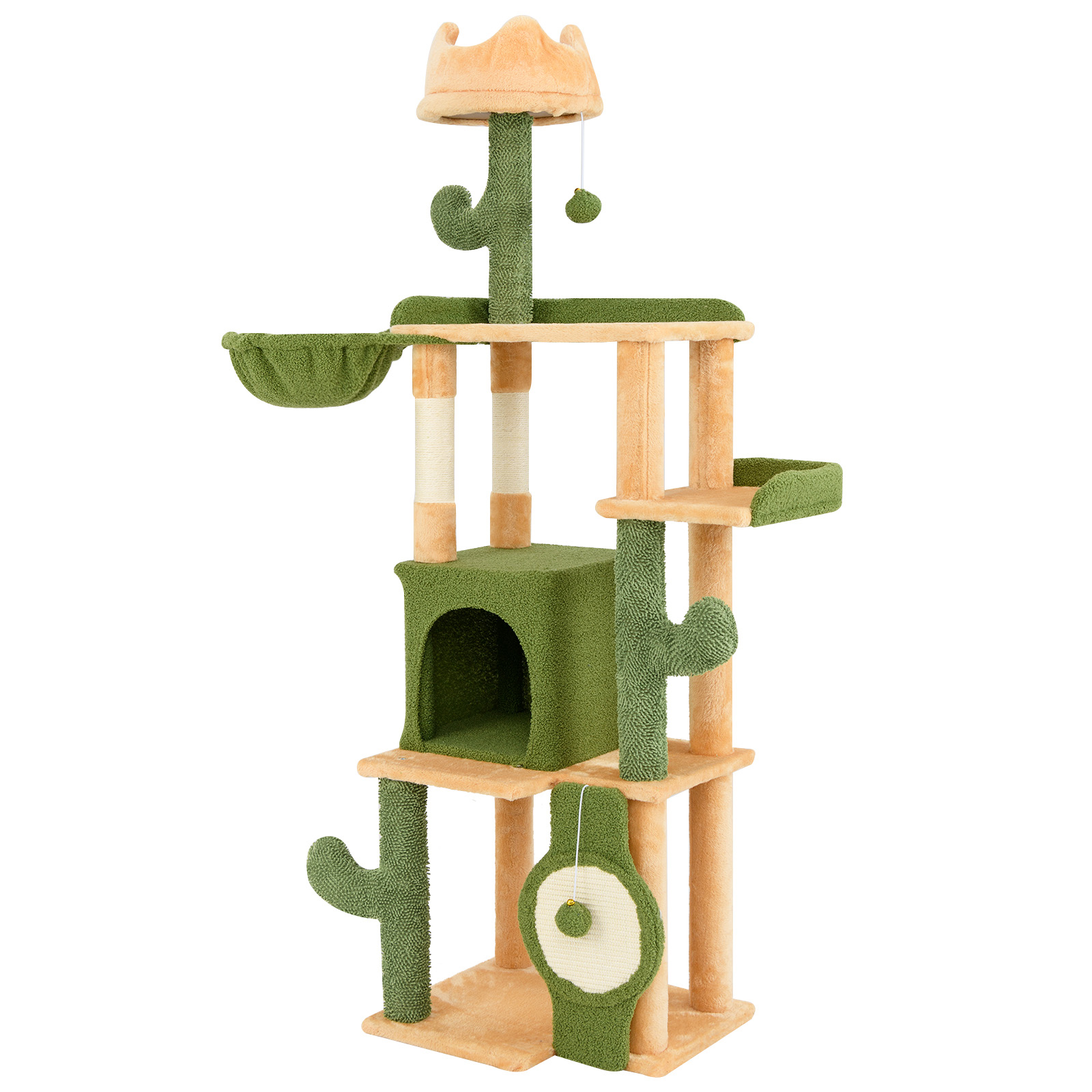 Image of 63" Cactus Cat Tree For Indoor Cats, Multi-level Large Cat Tower W/ Sisal Scratching Posts & Board, Condo, Padded Perches, Hanging Toys, Basket Bed, Platforms, Modern Kitty Activity Center