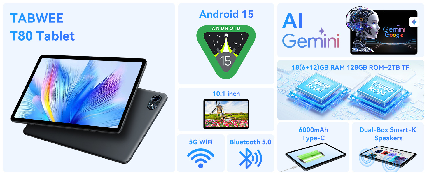 TABWEE T80, Android 15 Tablet 10 Inch - Gemini AI 2.0 Android Tablets 18 (6+12 )GB+128GB/2TB, 10.1 Inch Tablet with Pen and Keyboard, 6000mAh, FHD, 5G WiFi, Bluetooth 5.0, GPS, OTG, Office, Gaming, 2 Years Warranty