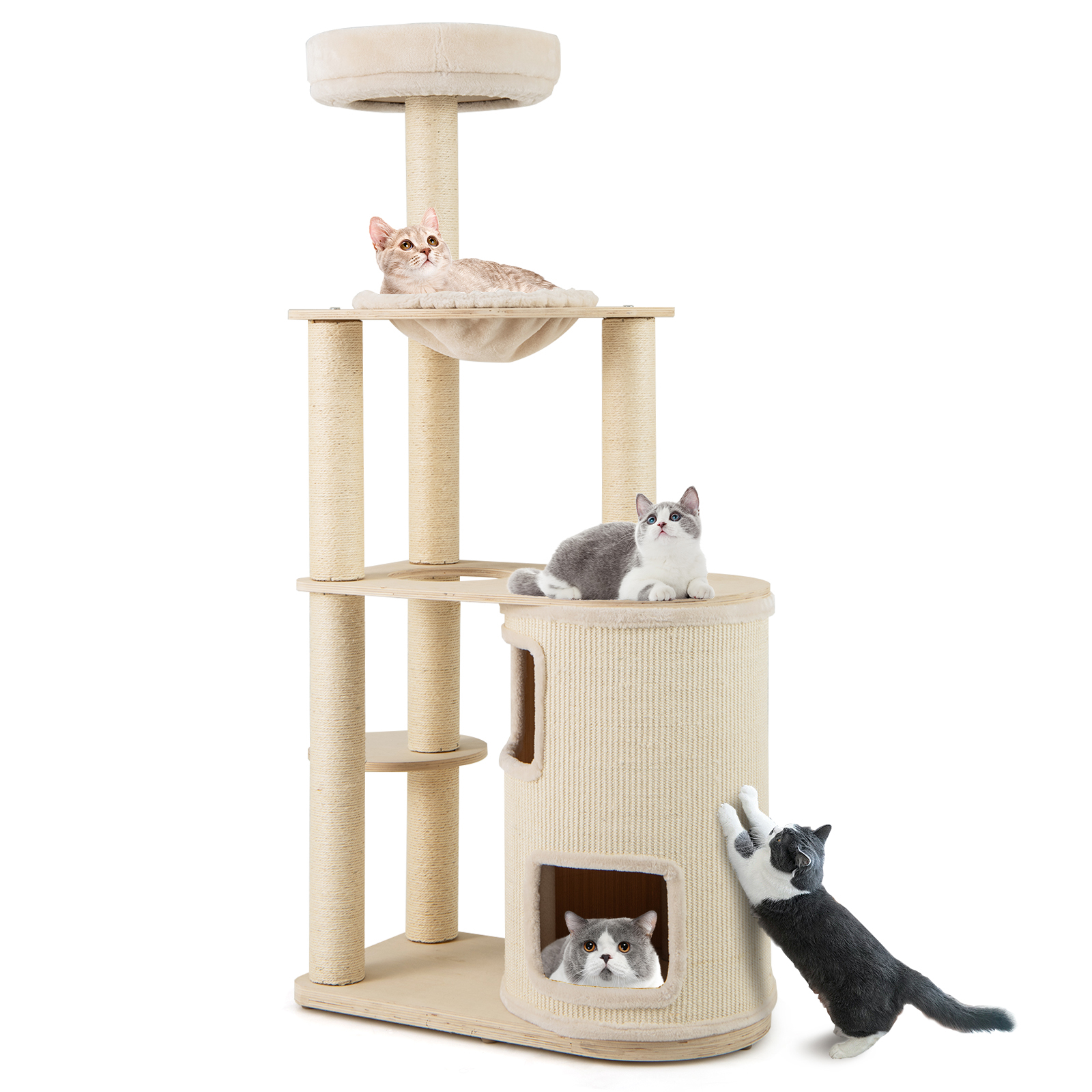 Image of 60" Tall Cat Tree, Wooden Cat Tower W/ 2-story Condo, Sisal Scratching Posts & Mat, Perch, Hammock, Washable Plush Cushion, Kitten Activity Center, Modern Indoor Cat Furniture