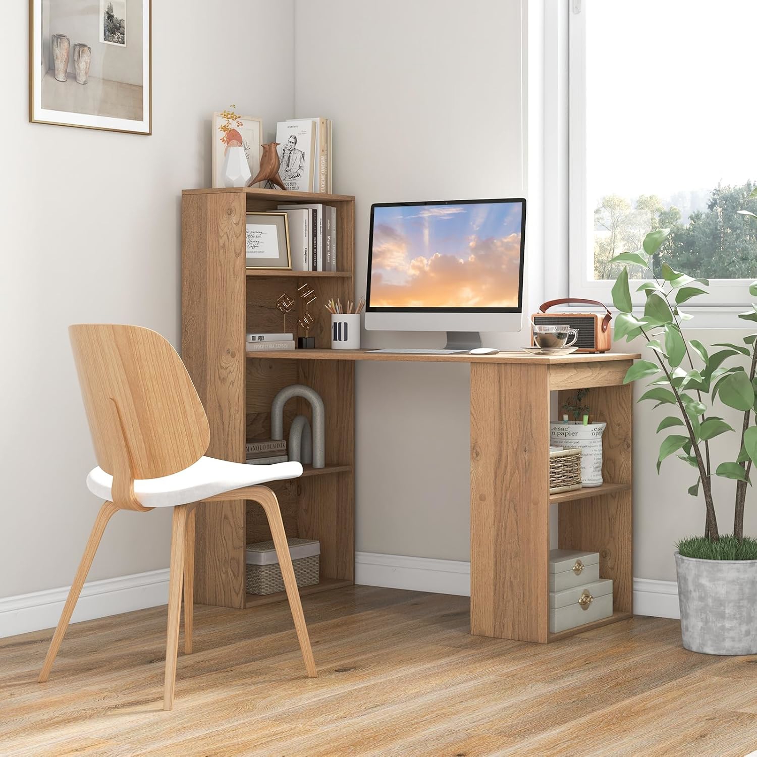 48" Computer Desk, Writing Table Workstation W/6-tier Storage Shelves, Modern Compact Computer Desk Bookcase For , Space- Design, Natural
