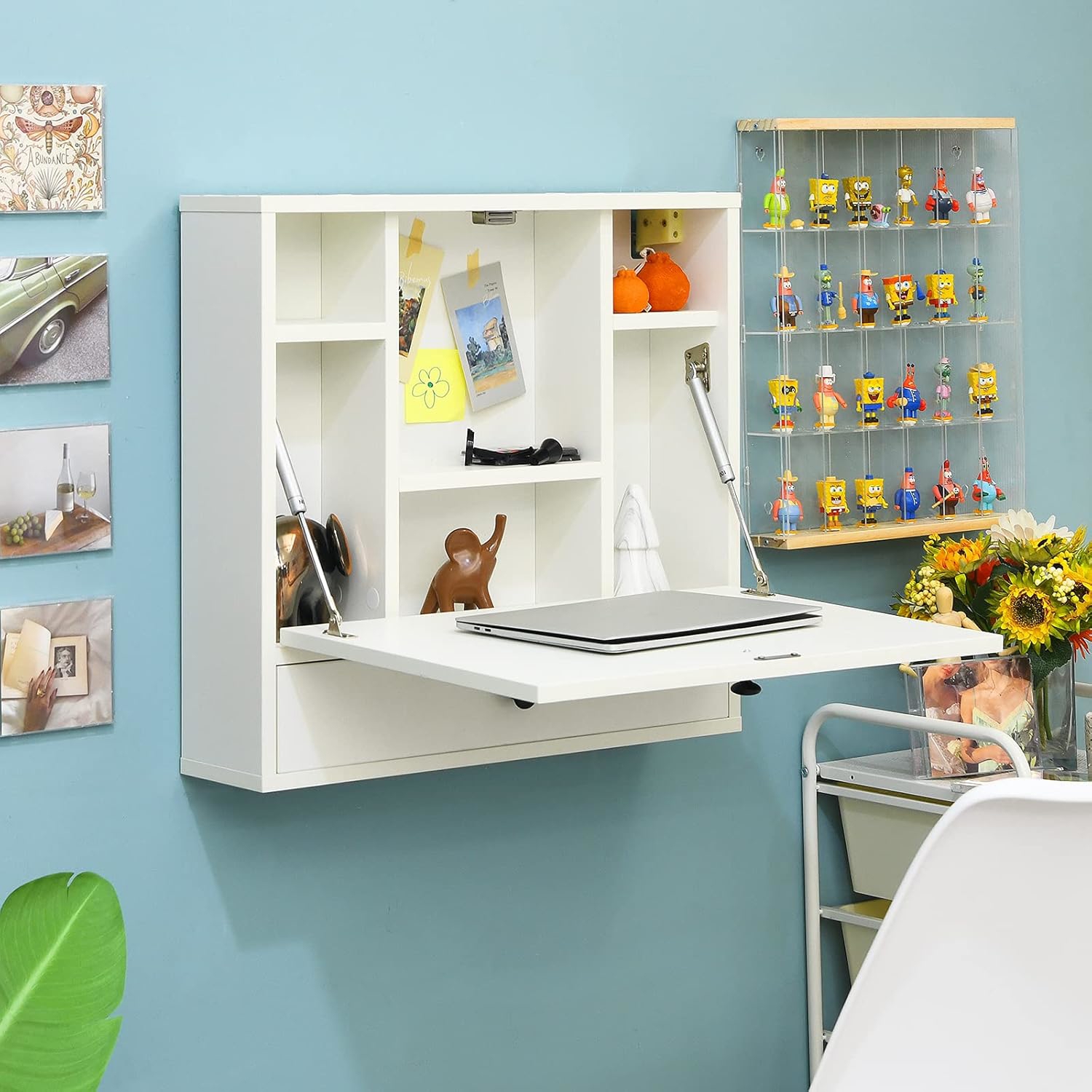 Wall Mounted Folding Desk, Multifunctional Home Office Workstation With Storage Compartments, Space- For Small Space, White Hanging Laptop Desk For Bedroom, Study, White