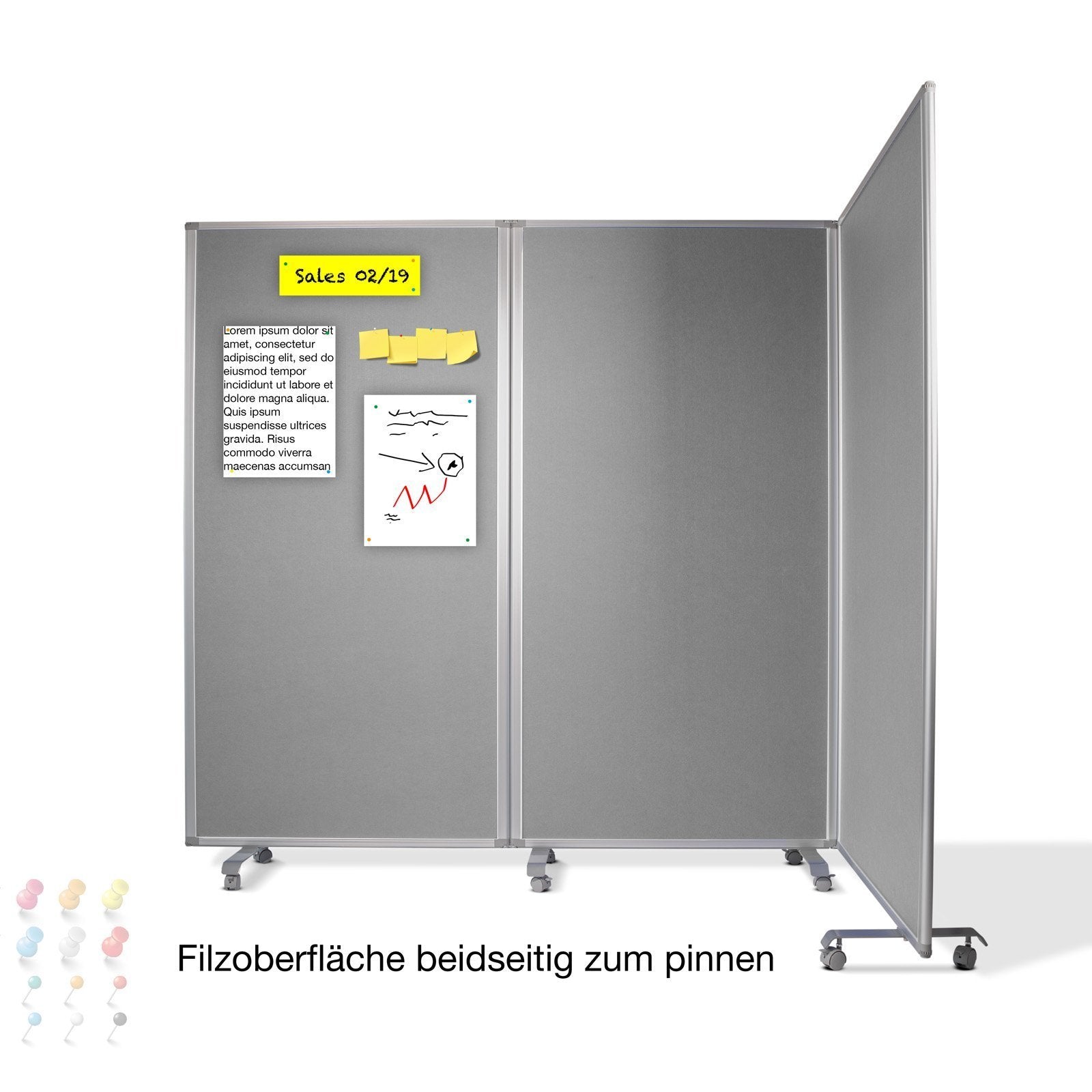 Image of Floordirekt Mobile Felt Room Divider 3-piece Set - Double-sided With Wheels - Space Divider & Presentation Wall - In Blue & Gray - 180 X 180 Cm & 270 X 180 Cm