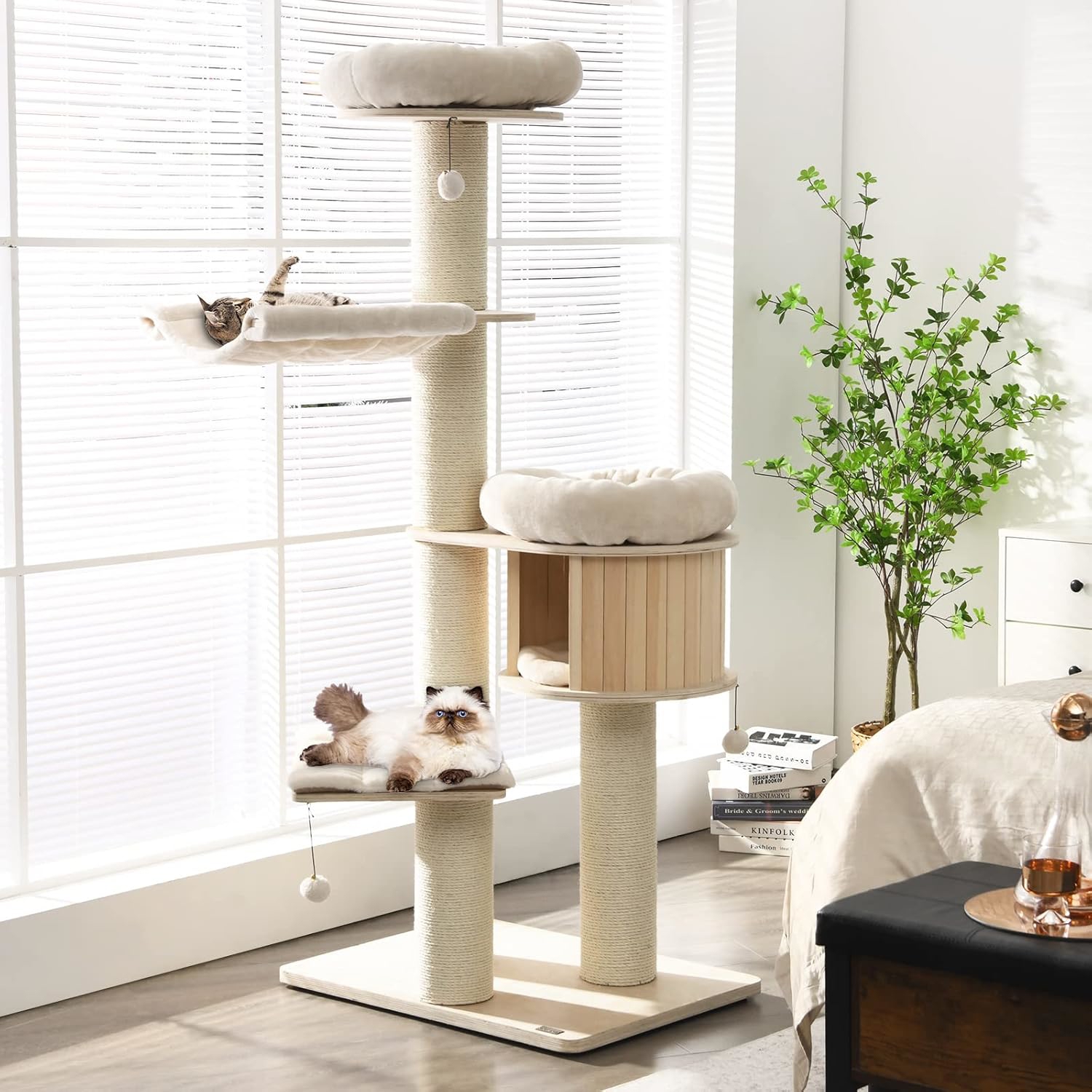 Image of 175cm Solid Wood Cat Tree. 4-layer Cat Tower W/ Sisal Scratching Posts, Cat Condo, Perch, Hammock, Jingling , Cat Climbing Stand, Kitten Activity Center Furniture For Kitten & Adult Cat