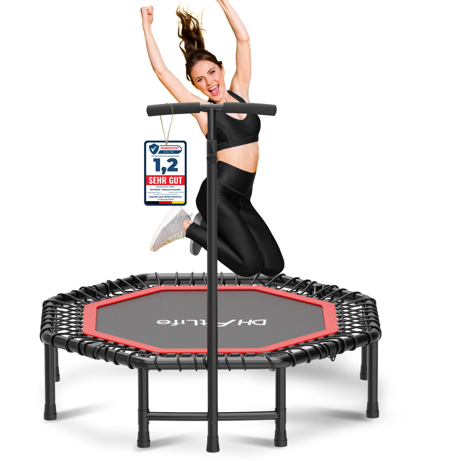 Dh Fitlife Foldable Fitness Trampoline For Adults & Children Ø121 Cm (48 Inches) | Loadable Up To 150 Kg | 3-level Height-adjustable Handlebar | Quiet & Stable For Home Use.