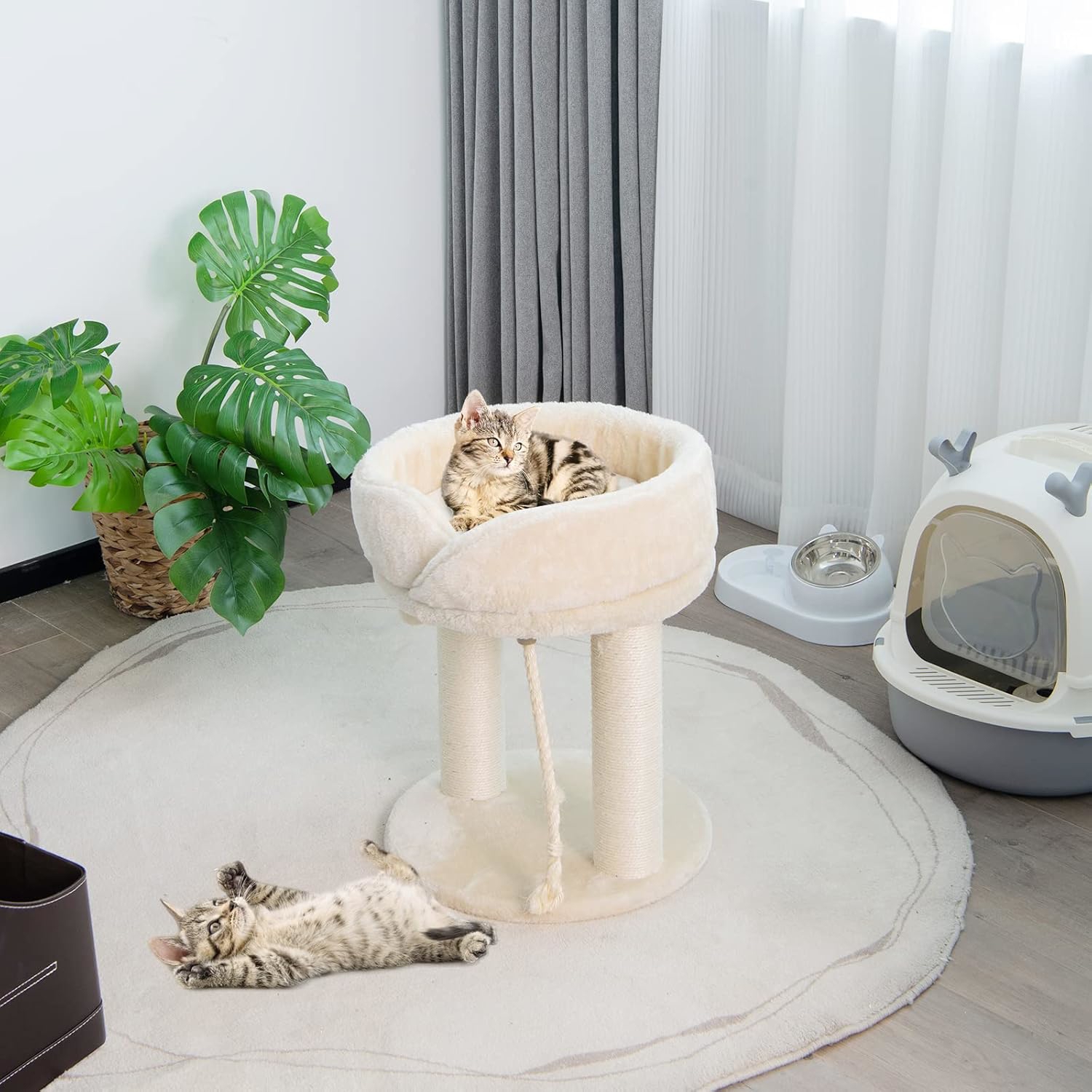 Image of Cat Climbing Tree Tower, 4-in-1 Cat Tower W/ Perch, Padded Base, & Sisal Rope, Cat Scratching Post, Carpeted Natural Sisal Tower For Cats & Kittens, Easy Assembly, Beige