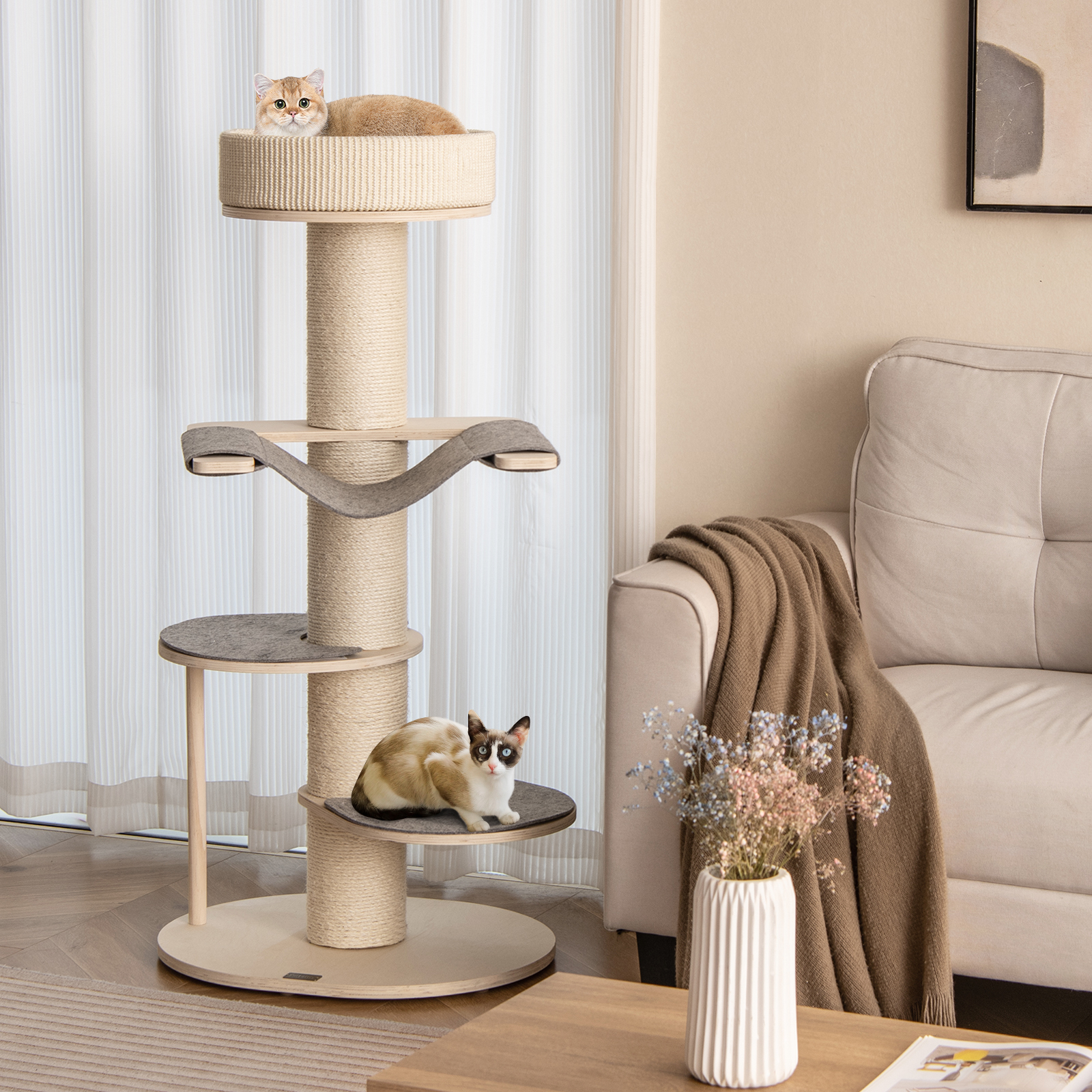 Image of 47" Cat Tree For Indoor Cats, Multi-level Wooden Cat Tower W/ Thickened Sisal Scratching Posts, , Hammock, 2 Platforms, Removable Pad, Modern Kitten Activity Center