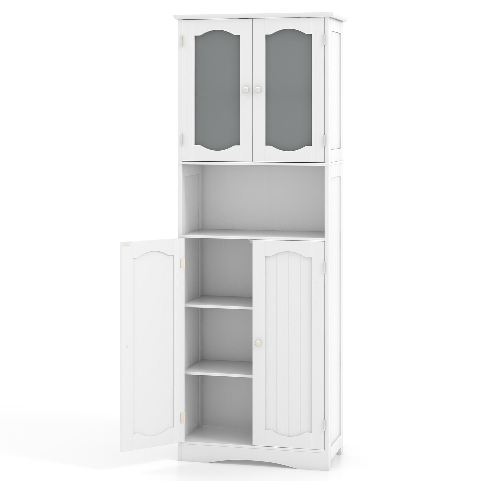Image of 64.5" Tall Bathroom Storage Cabinet, Freestanding Linen Cabinet With Frost Glass Doors And Shelves, Kitchen Pantry Cabinet Or Living Room, Dining Room, Office, White