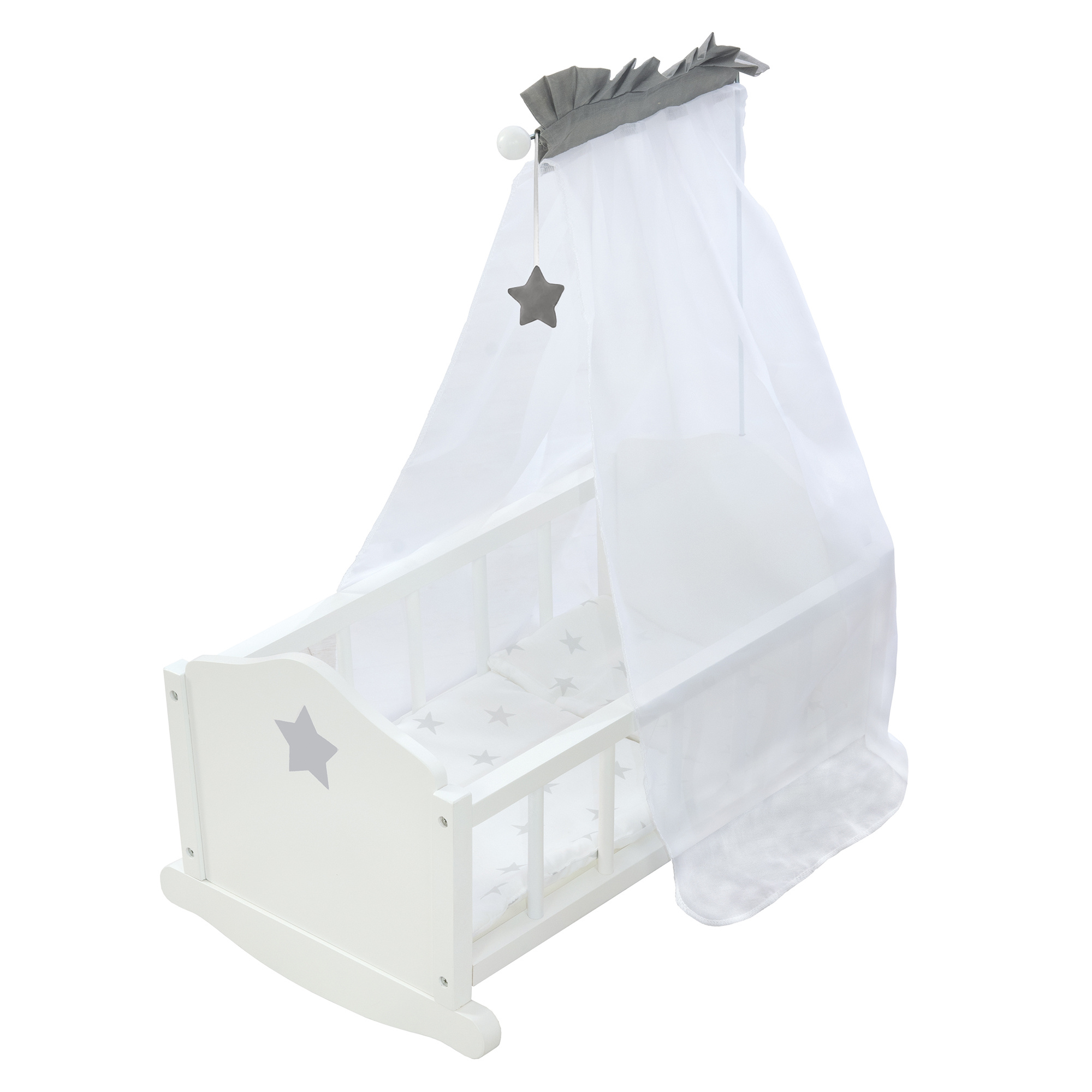 Roba Doll Cradle 'stella' - Includes Textile Accessories, Bedding, And Canopy - White