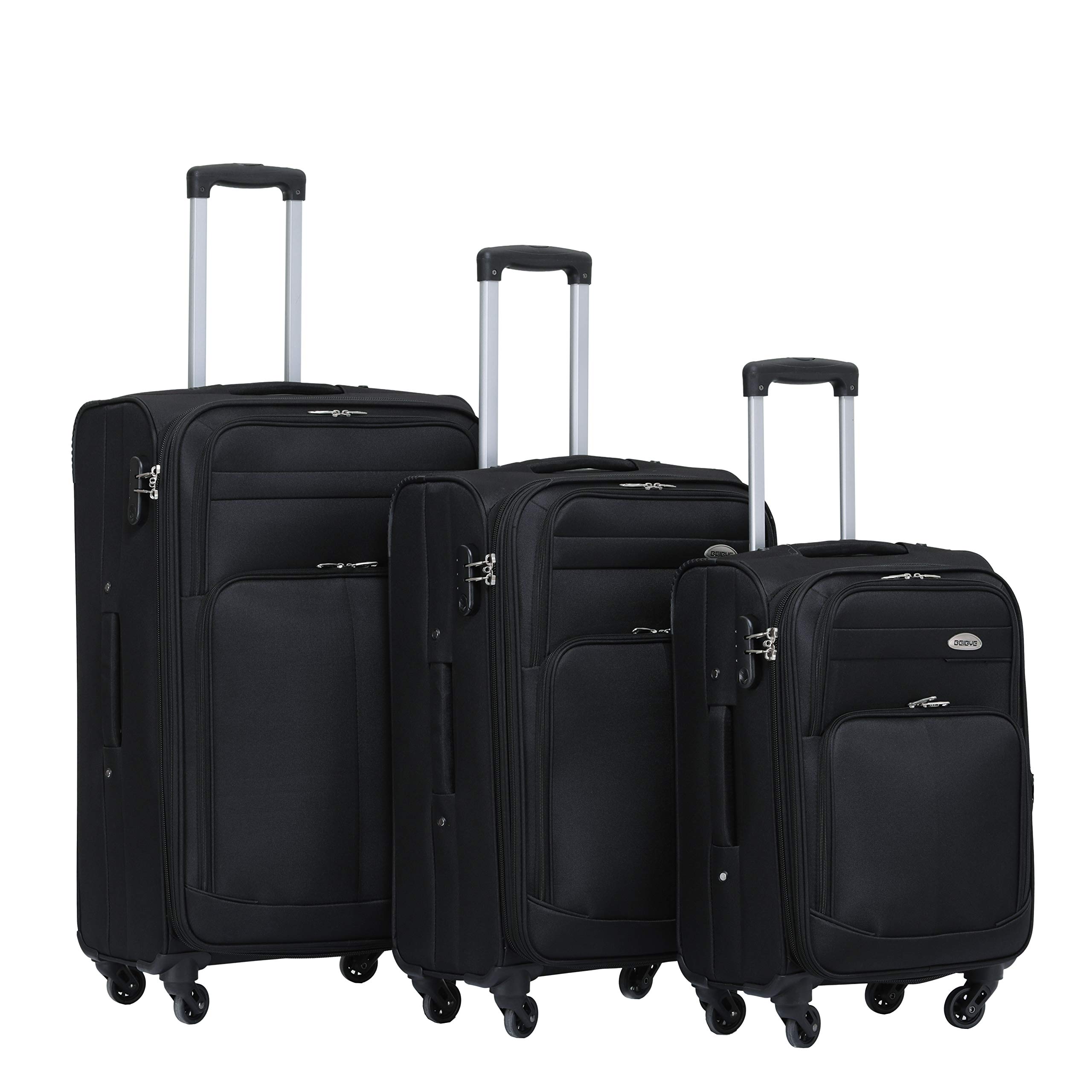 Image of Beibye Fabric Luggage Set Trolley With Front Pockets, Top Opening, And Expansion