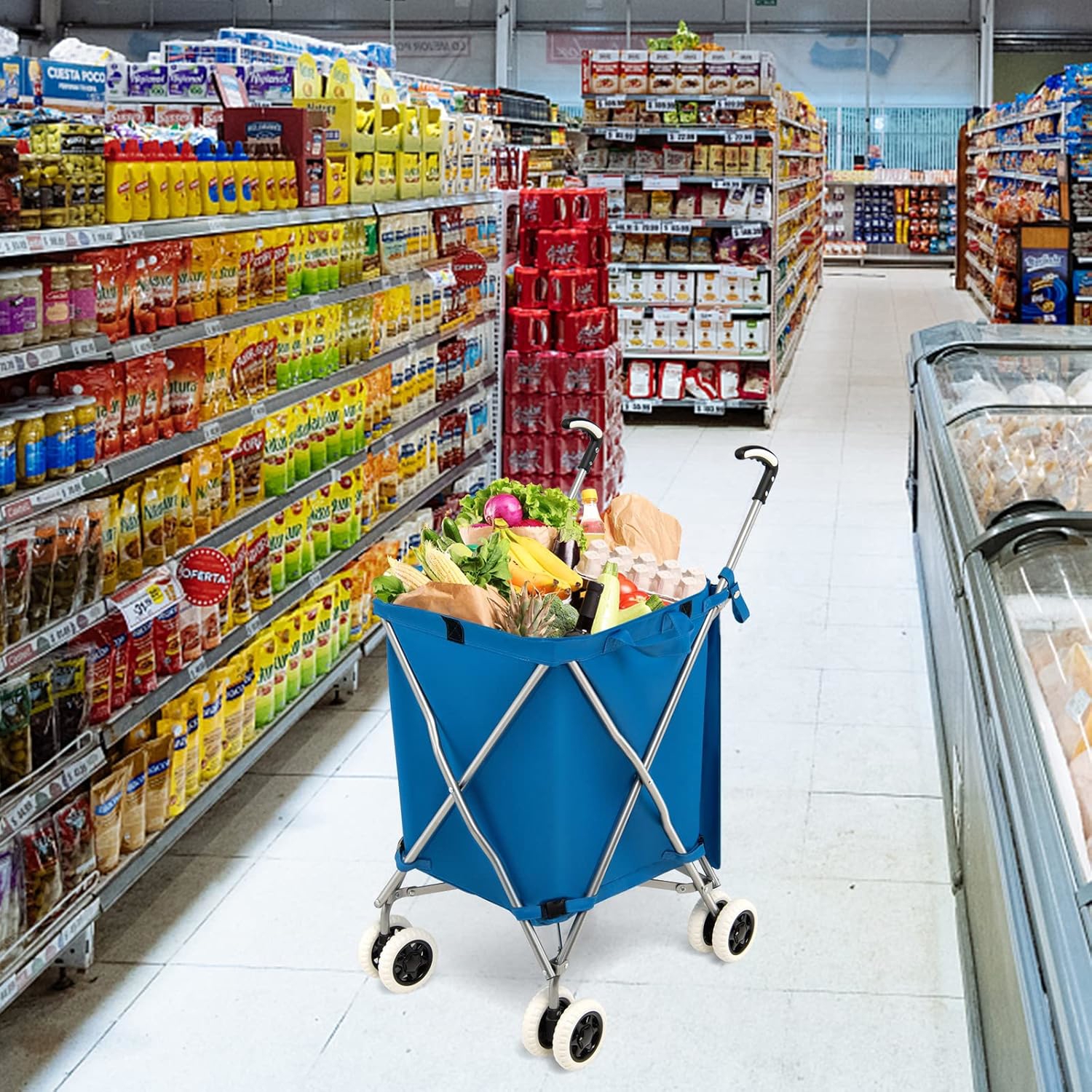 Blue 4 Wheels Folding Shopping Trolley, Heavy-duty Oxford Cloth & , Portable Utility Cart