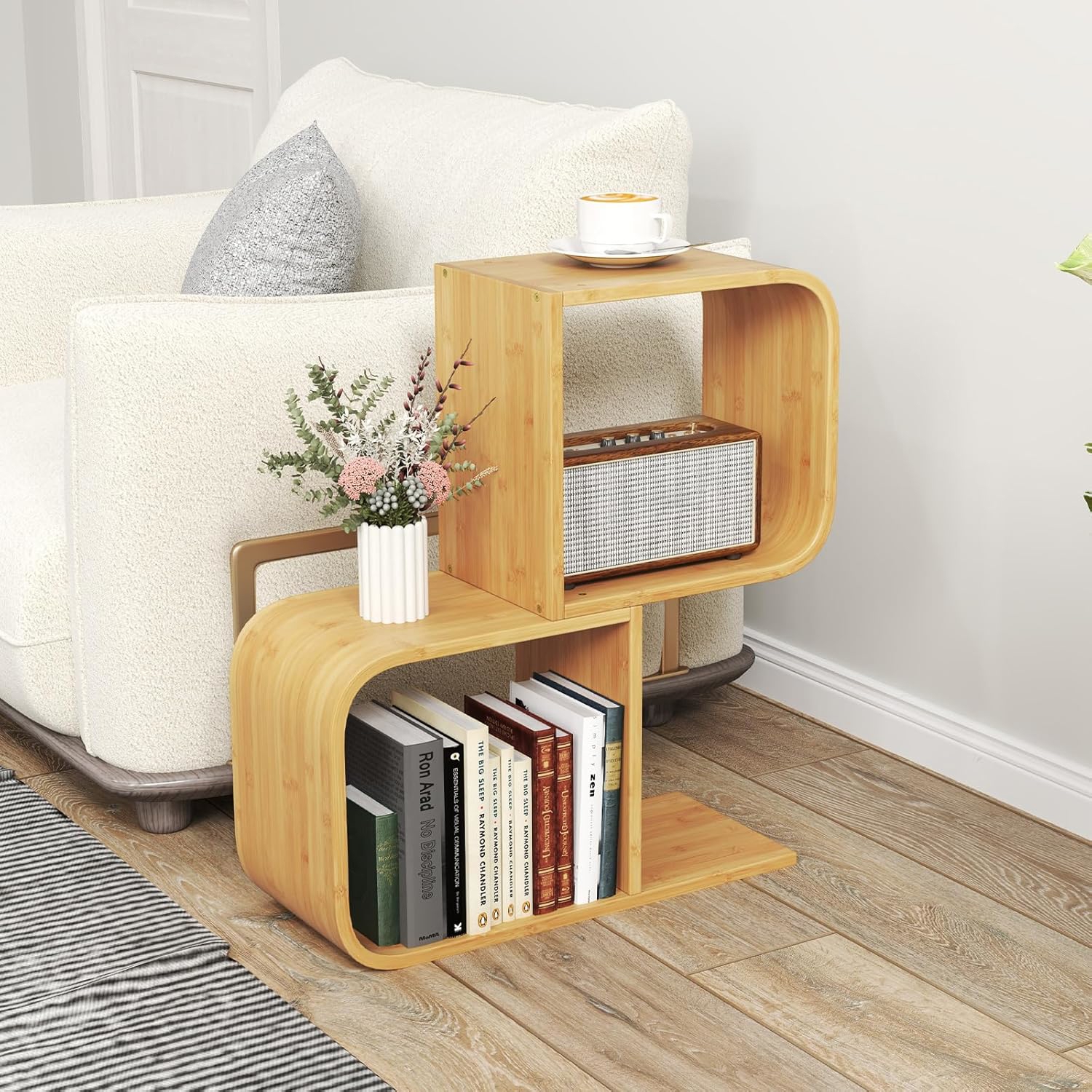 2-tier Open Bookshelf, Bamboo Bookcase W/ 2 Cubes, Home Geometric Organizer, Display Shelf, Decorative Storage Unit Rack For Living Room, Study, Bedroom, Natural
