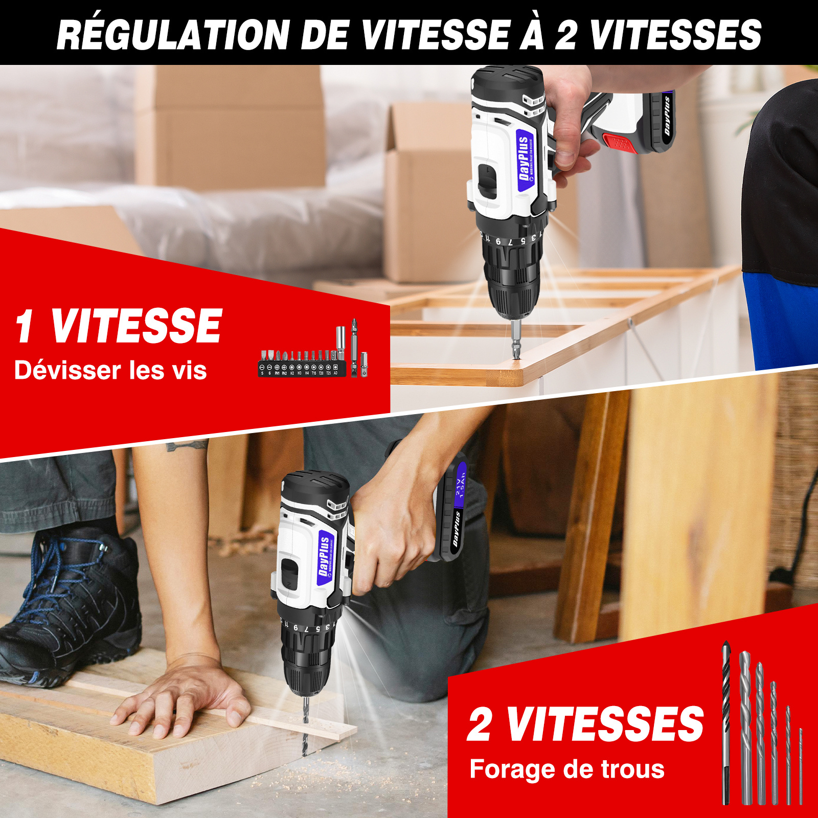 Perceuse Visseuse Sans Fil 21V, Visseuse Devisseuse Sans Fil, 45Nm Perceuse Électrique pour la Bricolage, 25+1 Réglages de Couple, 29 Accessoires, 2 Vitesses, LED, Mandrin Sans clé 10 mm, avec Batterie et Coffret de Transport