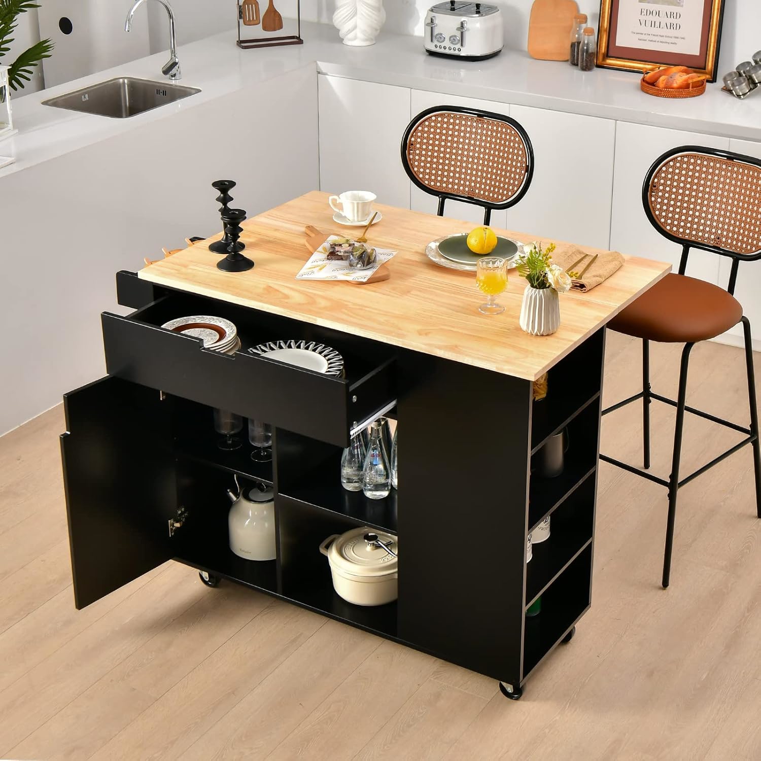 Image of Drop-leaf Kitchen Island, Rolling Serving Cart W/ Rubber Wood Top, Utility Cart W/ Drawer, Door Cabinet, Open Shelf, Kitchen Bar & Serving Cart W/ Lockable Wheels & Spice Rack For Kitchen, Dining Room