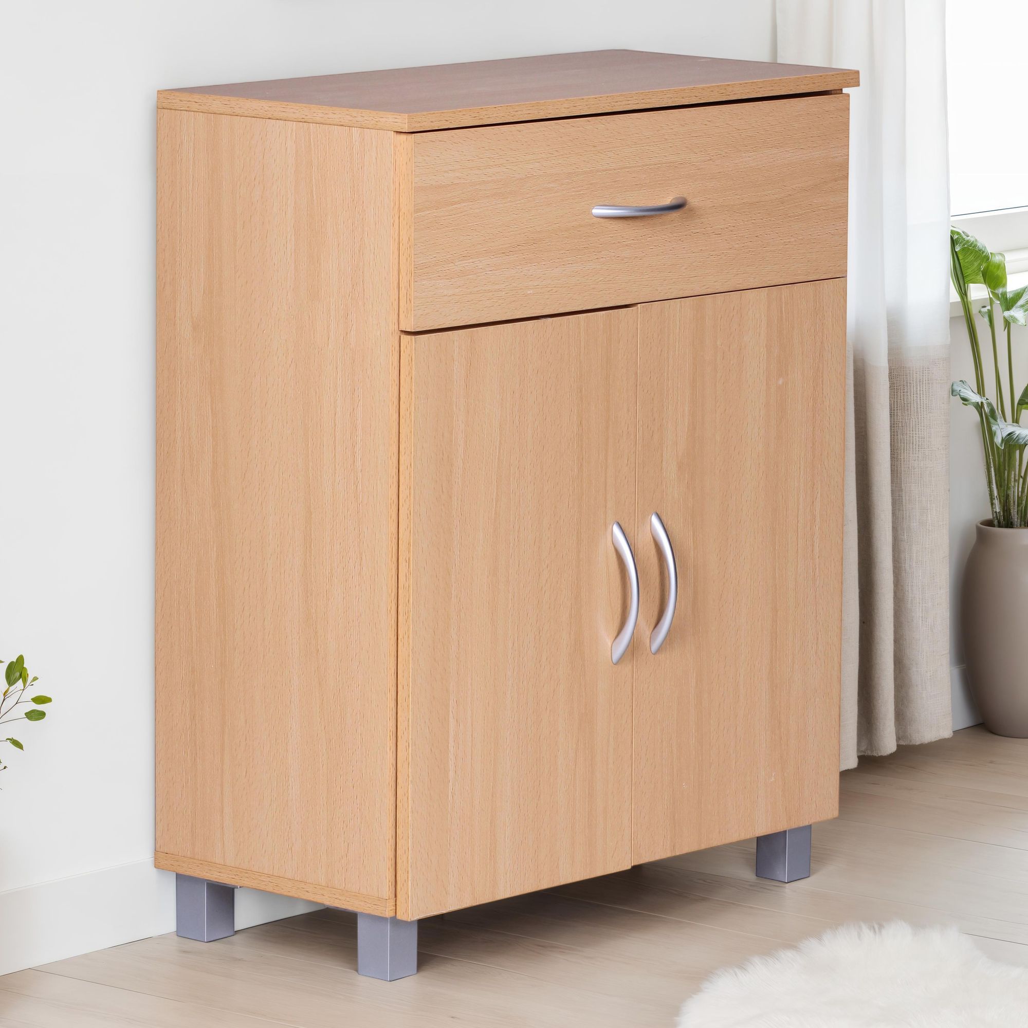 E-shop Sideboard 60x75x30cm Kommode mit Schublade und Türen, Kleine Moderne Anrichte, Design Holz Schrank, Allzweckschrank mit Griffen, Kleiner